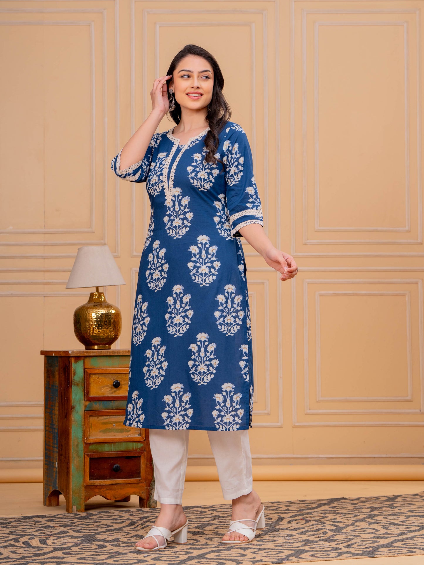 Soft Cotton Floral Straight Blue Kurta