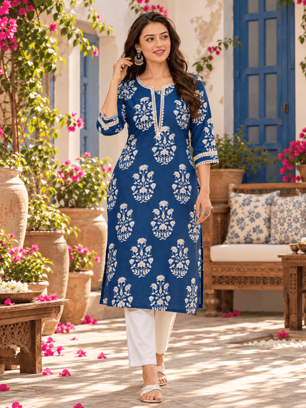 Soft Cotton Floral Straight Blue Kurta