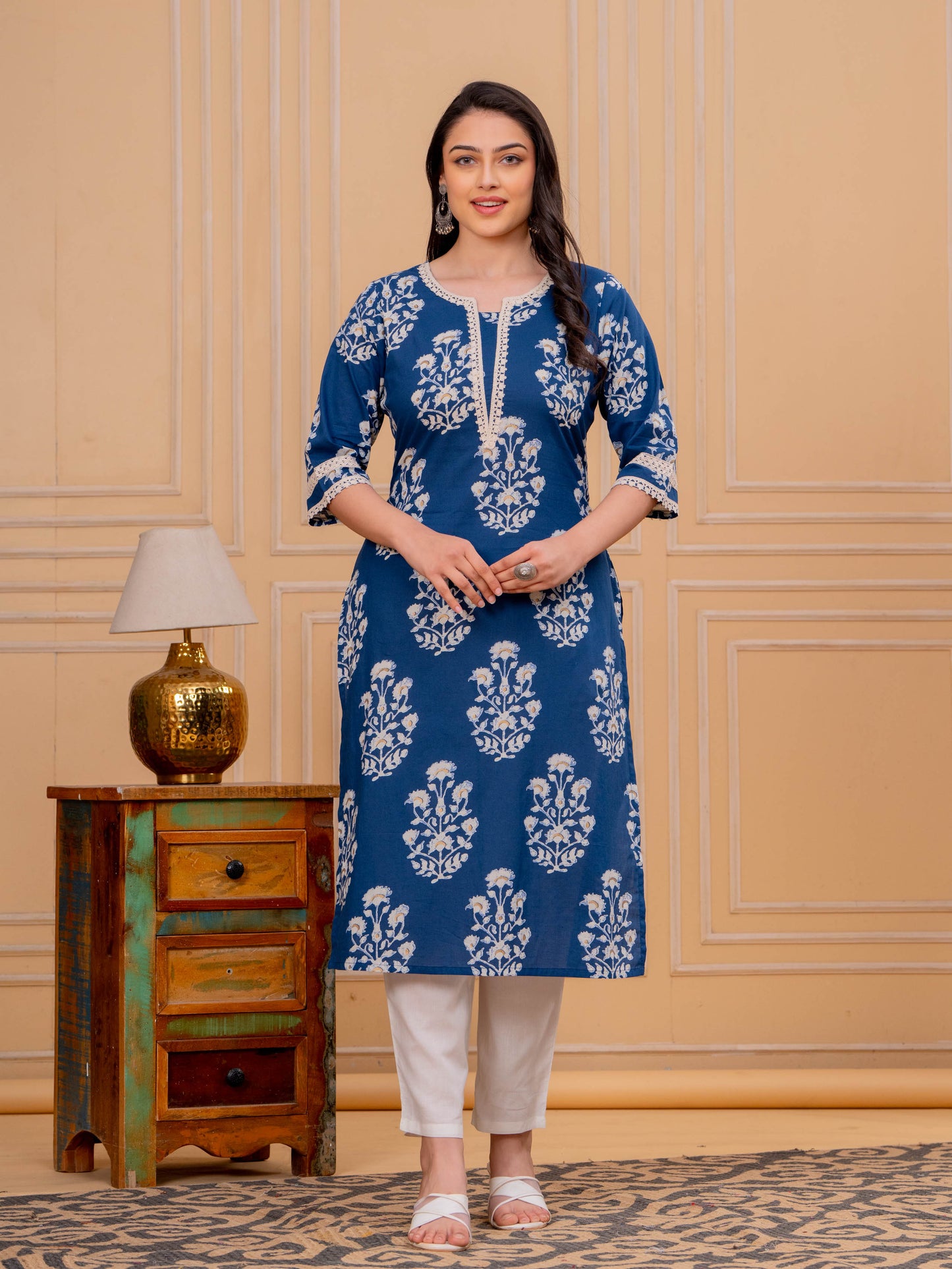 Soft Cotton Floral Straight Blue Kurta