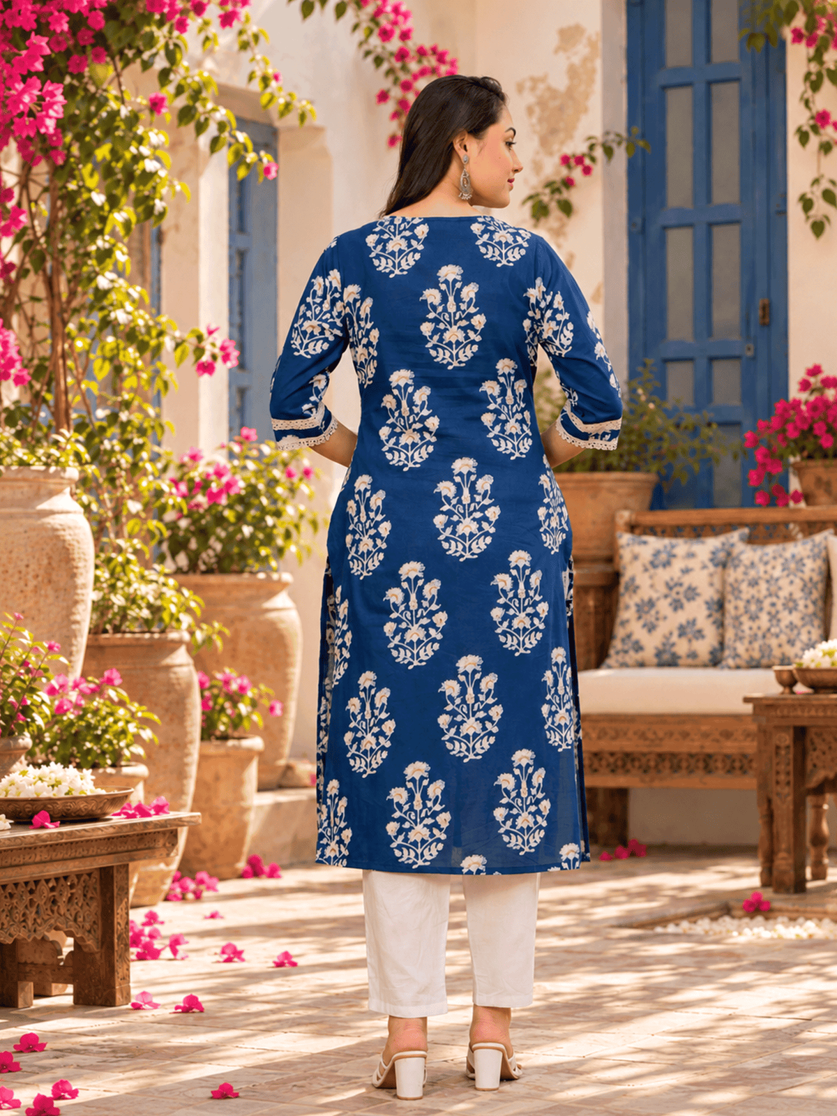 Soft Cotton Floral Straight Blue Kurta