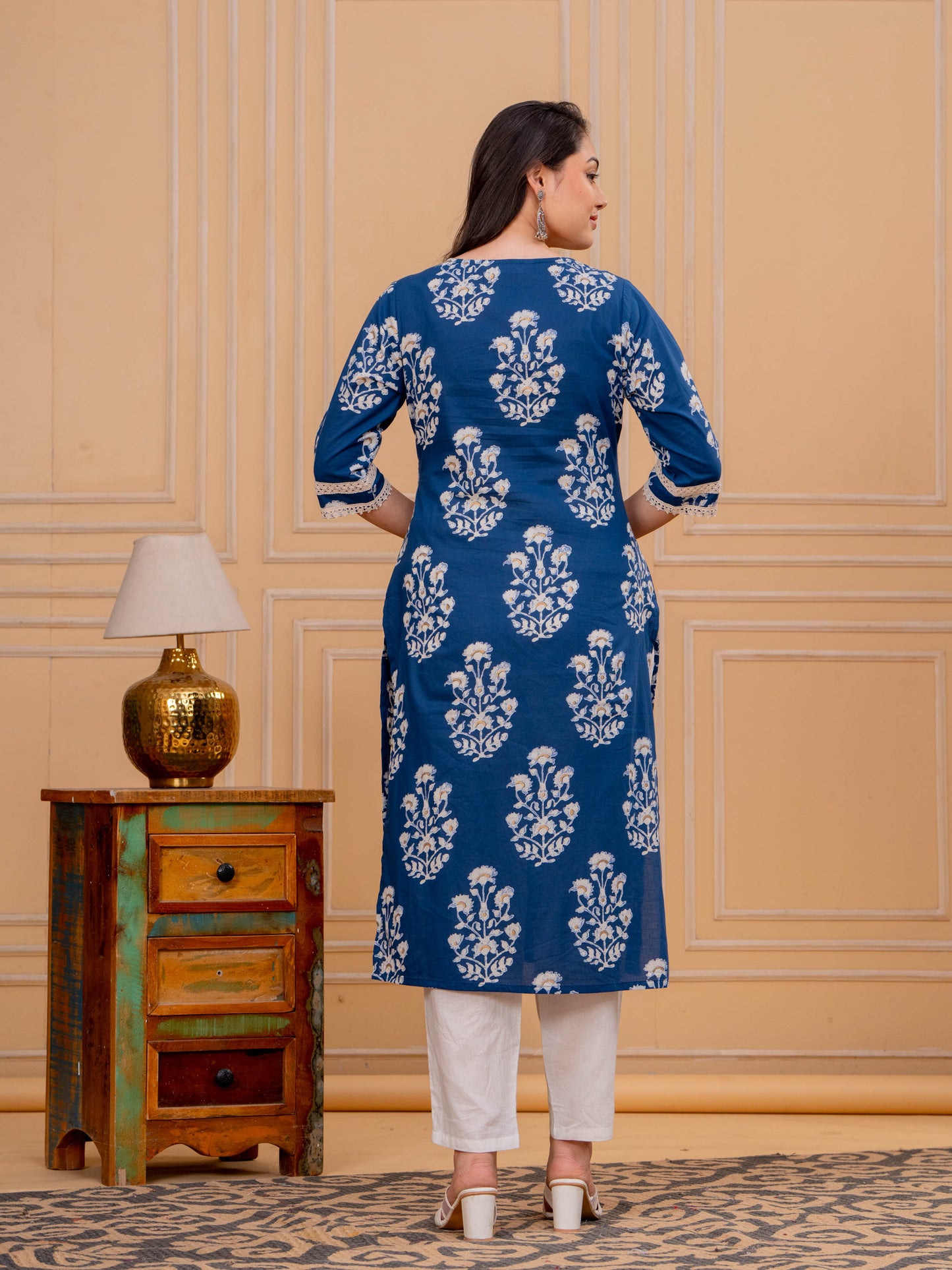 Soft Cotton Floral Straight Blue Kurta