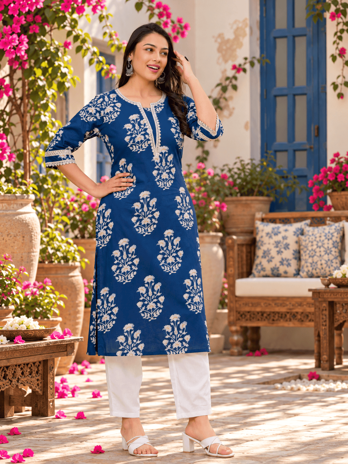 Soft Cotton Floral Straight Blue Kurta