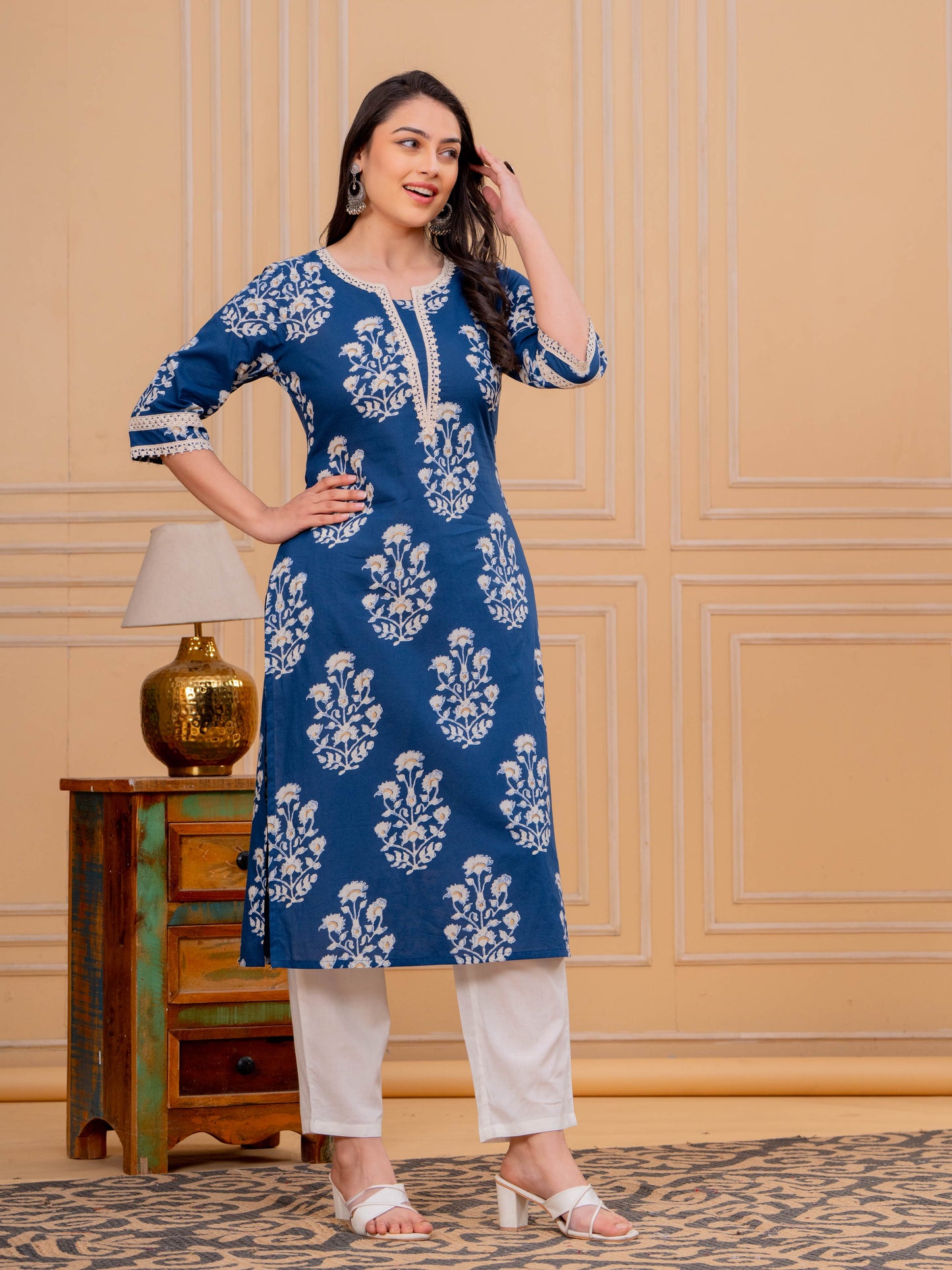 Soft Cotton Floral Straight Blue Kurta