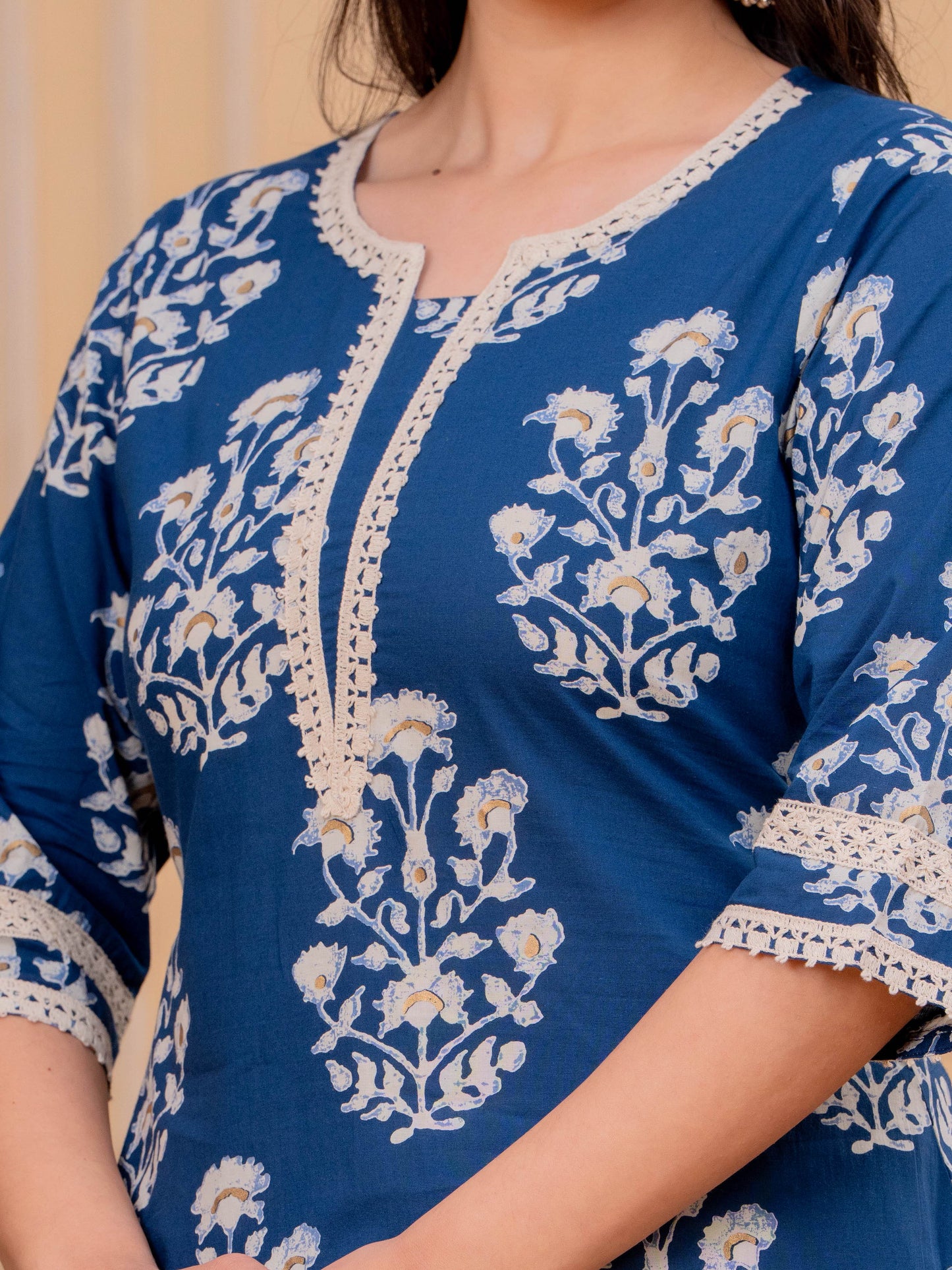 Soft Cotton Floral Straight Blue Kurta