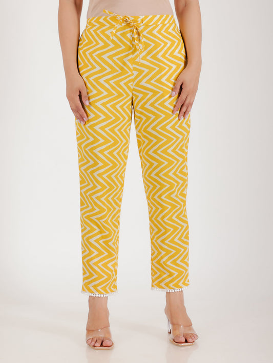 Soft Cotton Chevron Yellow Tapered Trousers