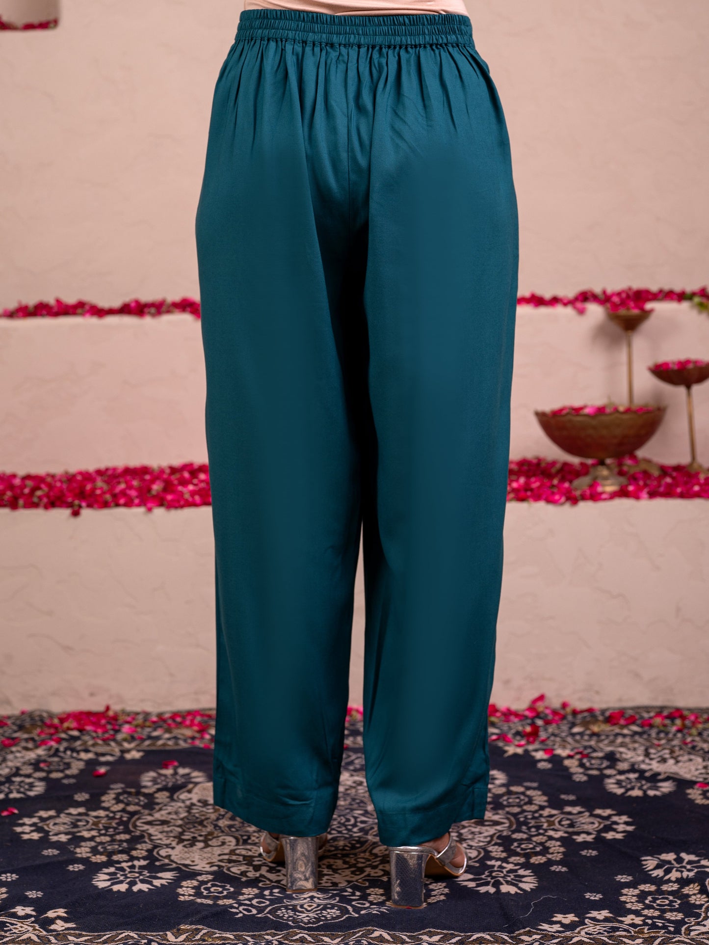 Viscose Solid Teal Straight Trousers