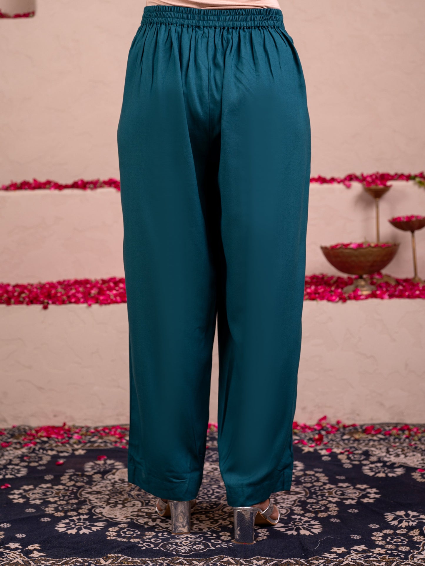 Viscose Solid Teal Straight Trousers