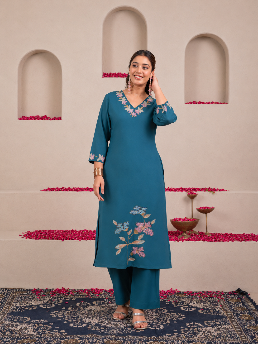 Embroidered Viscose Solid Straight Teal Kurta