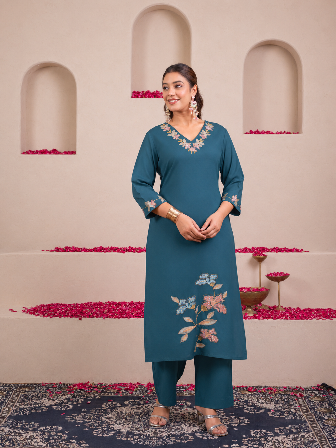 Embroidered Viscose Solid Straight Teal Kurta