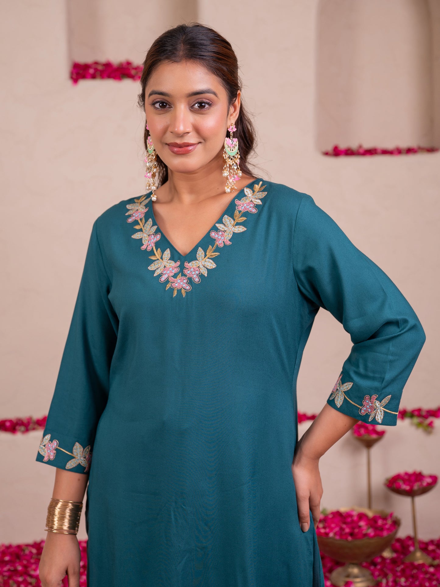 Embroidered Viscose Solid Straight Teal Kurta