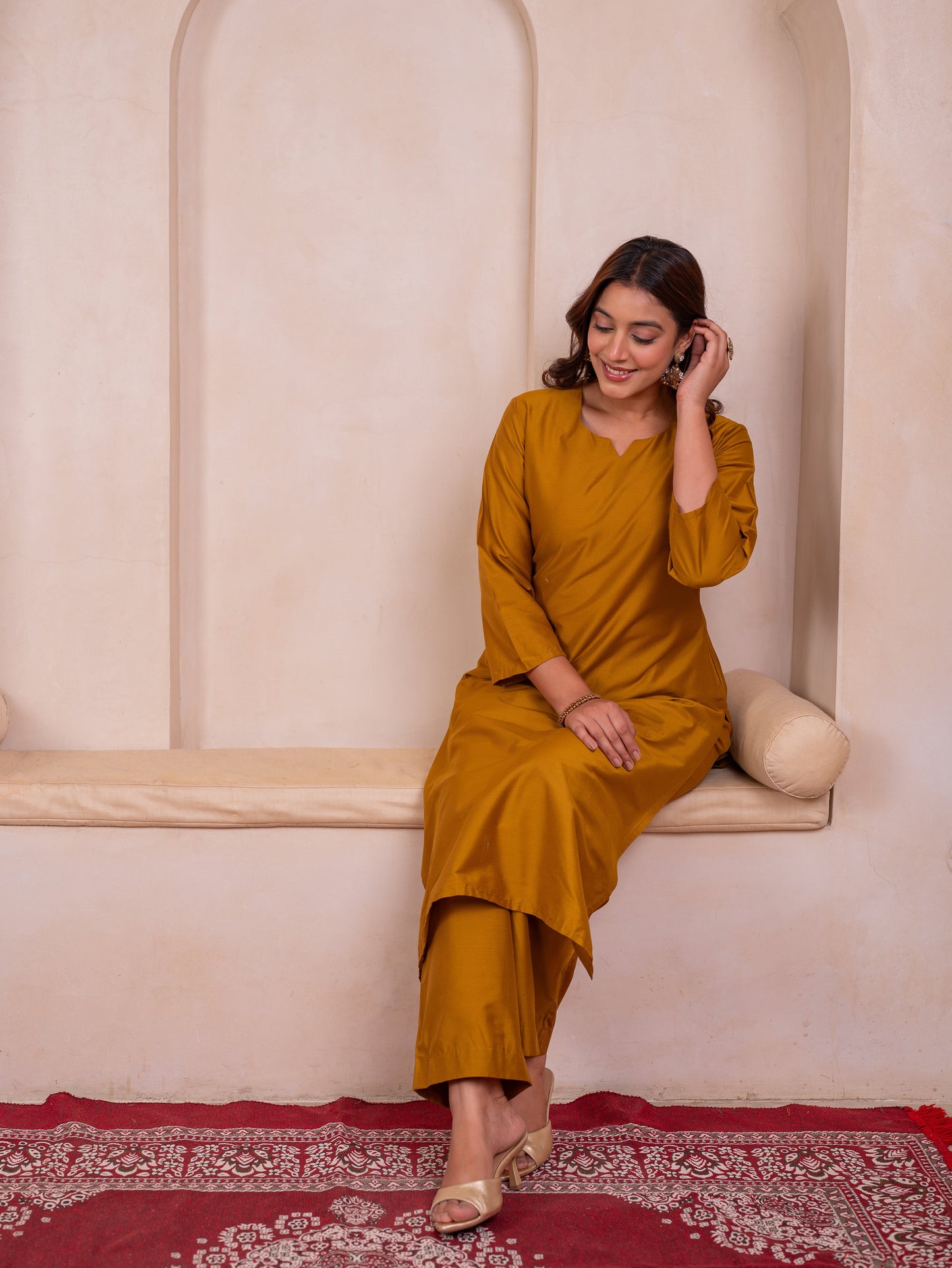 Blended silk Solid Straight Yellow Kurta