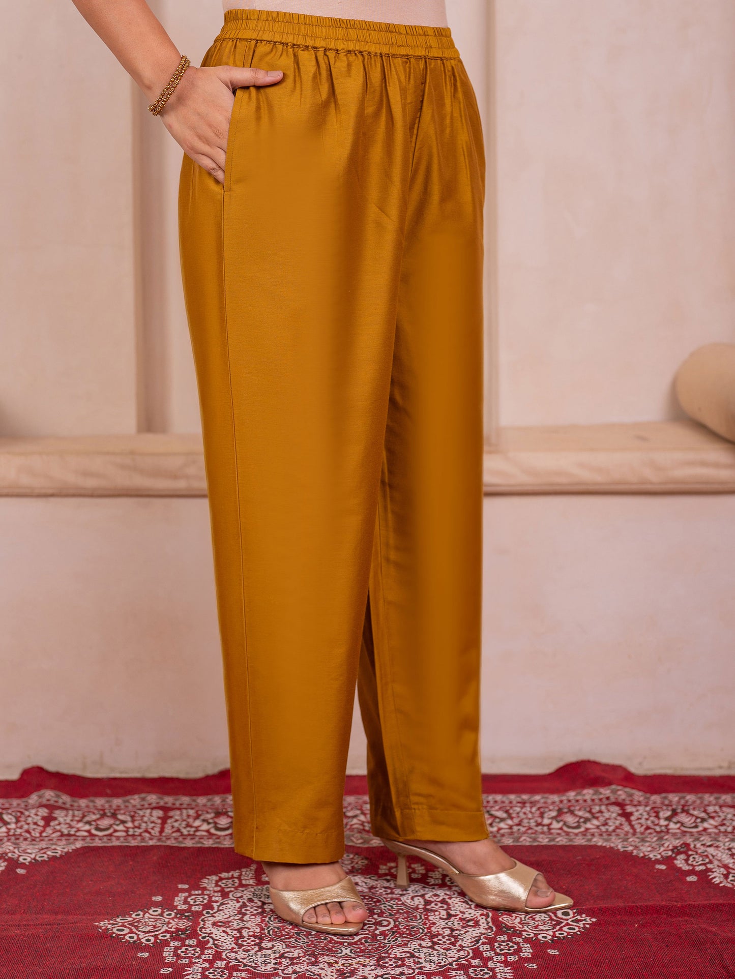 Blended silk Solid Straight Yellow Kurta