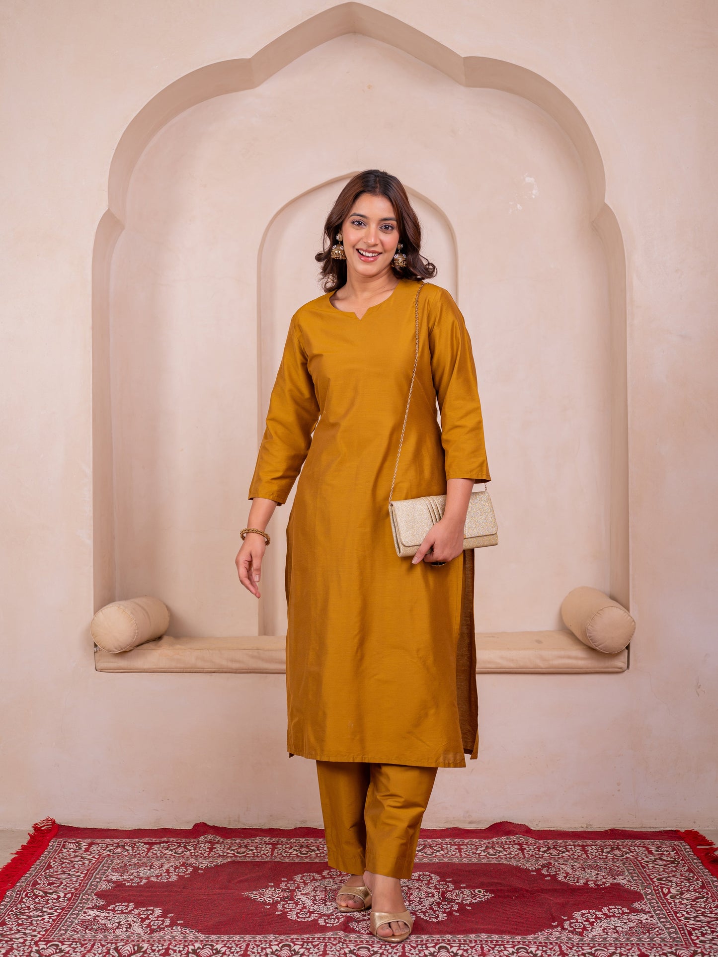 Blended silk Solid Straight Yellow Kurta