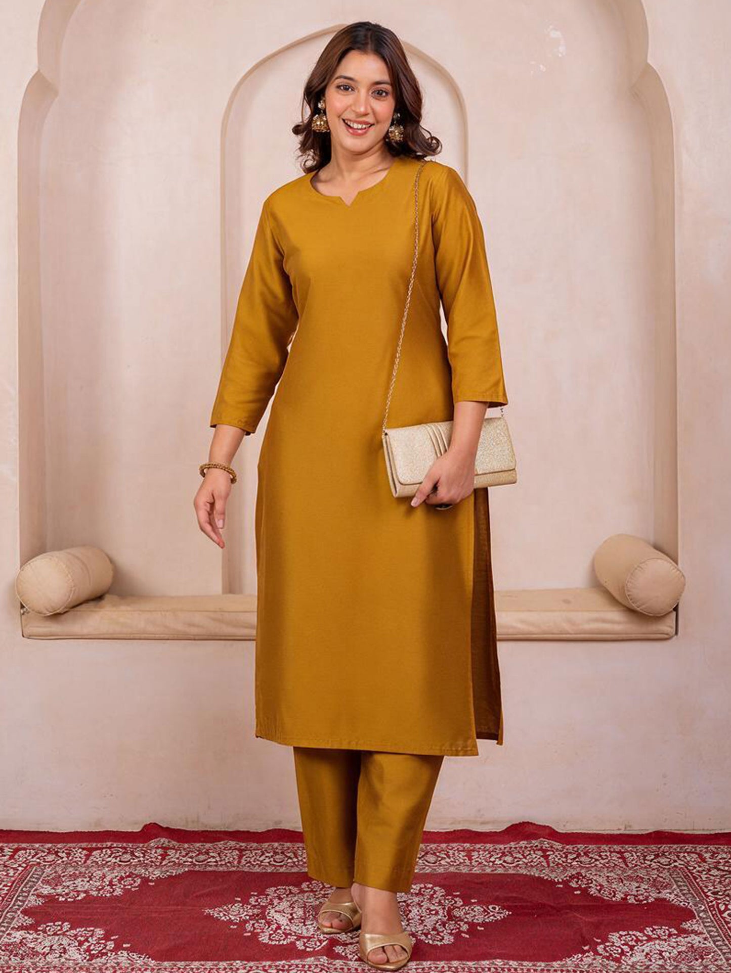 Blended silk Solid Straight Yellow Kurta