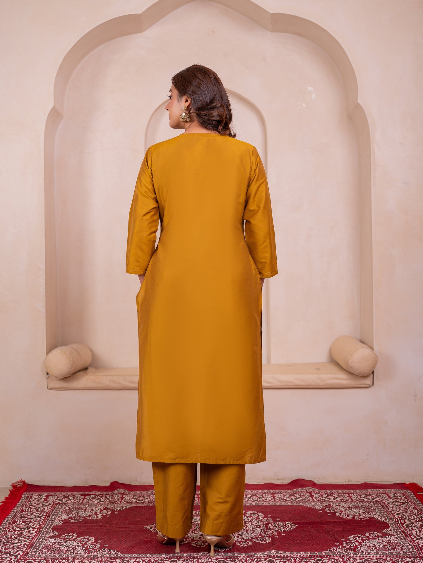 Blended silk Solid Straight Yellow Kurta