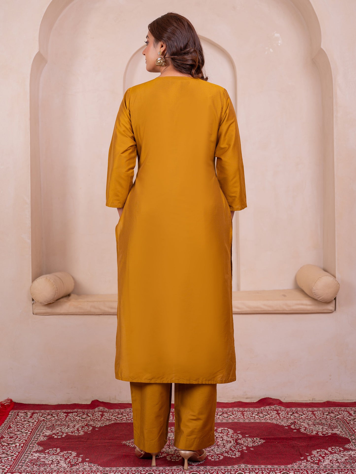 Blended silk Solid Straight Yellow Kurta