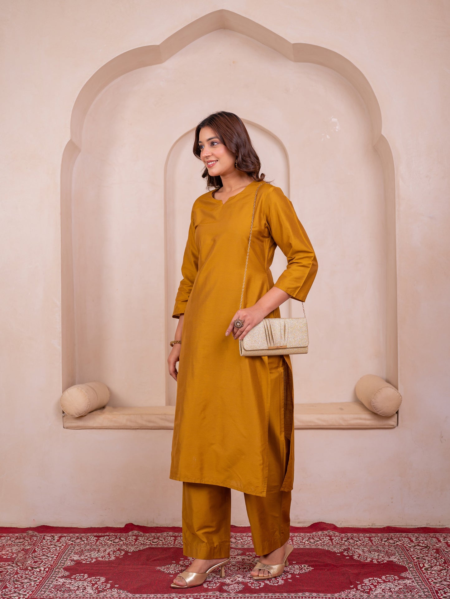 Blended silk Solid Straight Yellow Kurta