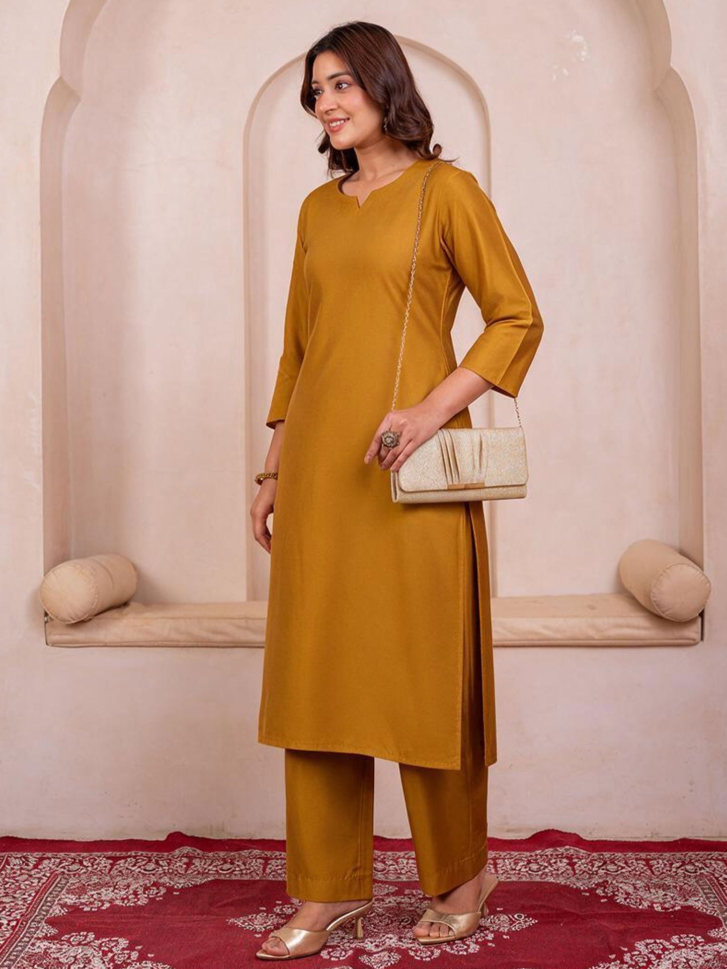 Blended silk Solid Straight Yellow Kurta