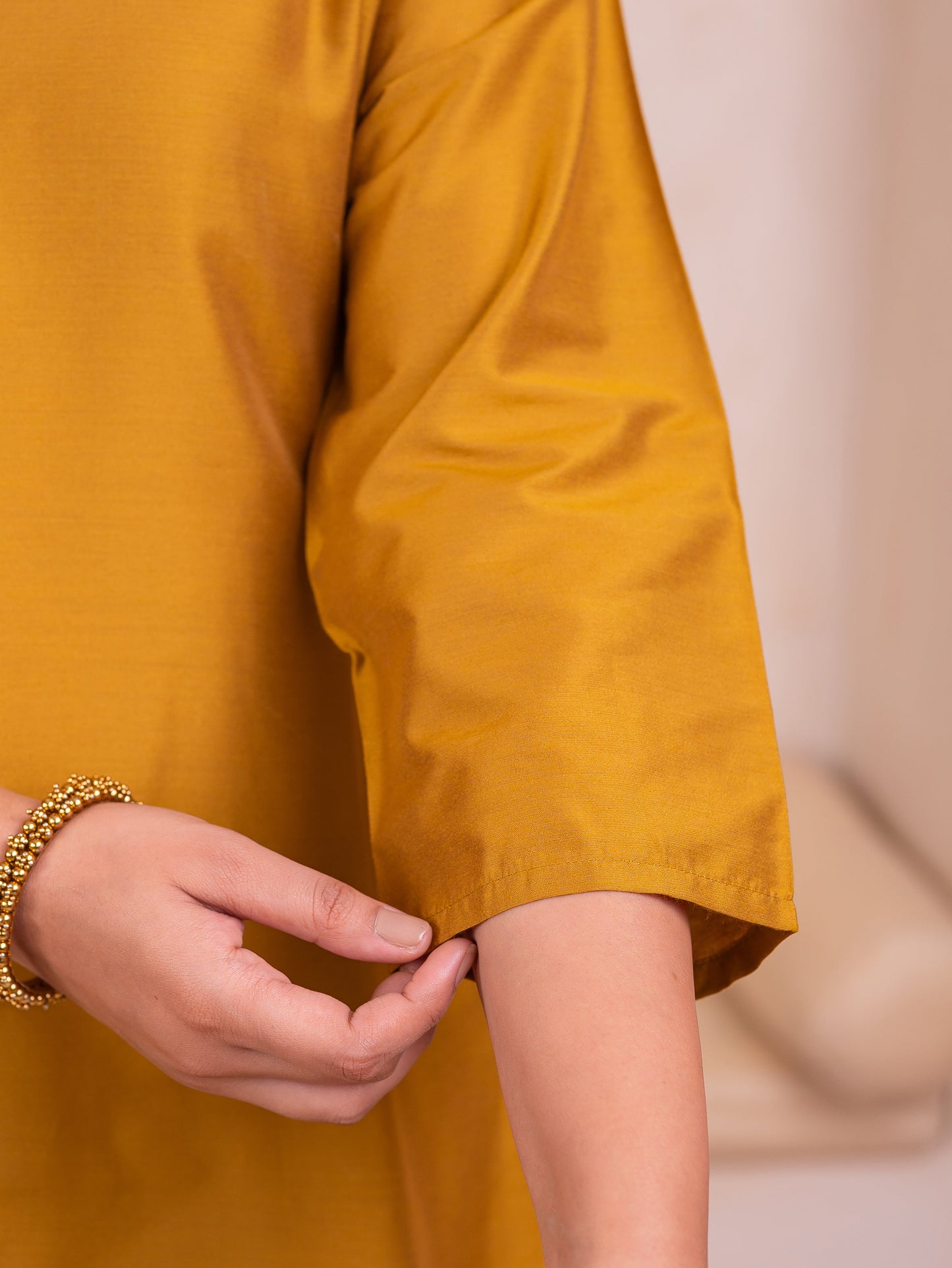 Blended silk Solid Straight Yellow Kurta