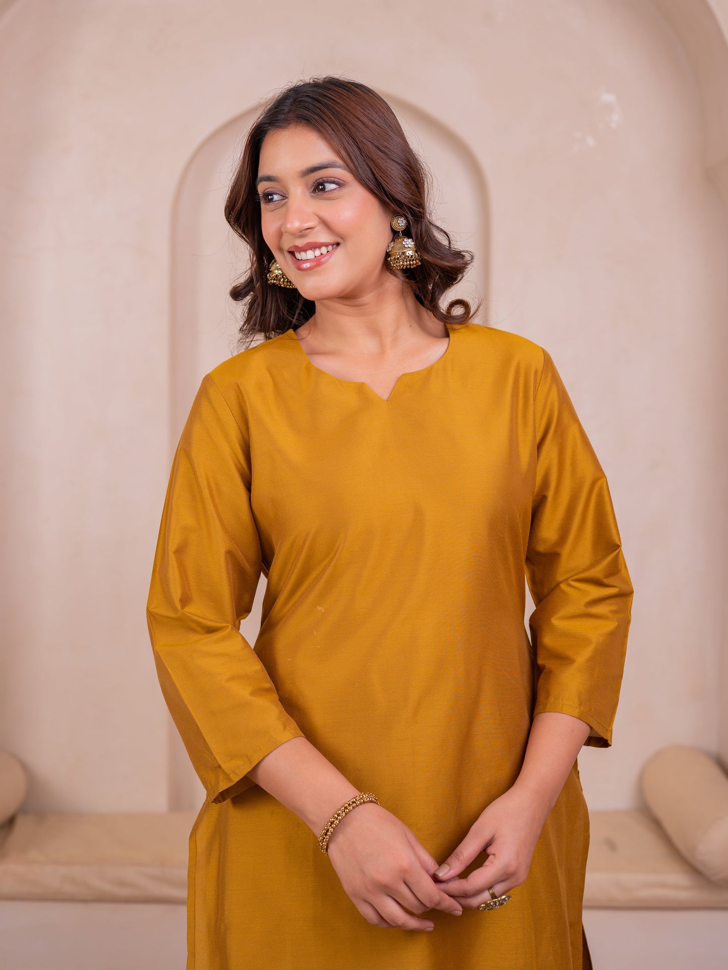Blended silk Solid Straight Yellow Kurta