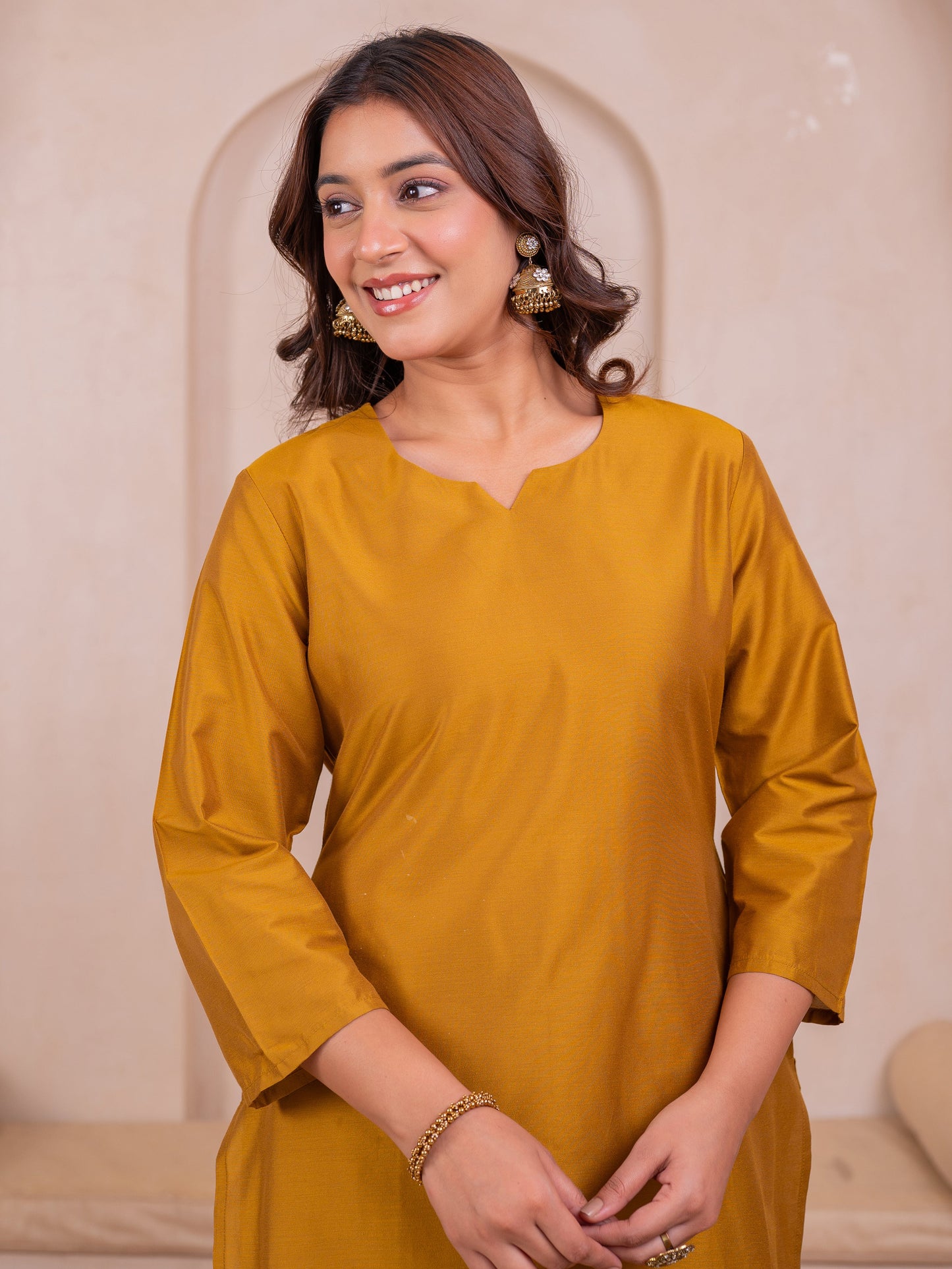 Blended silk Solid Straight Yellow Kurta