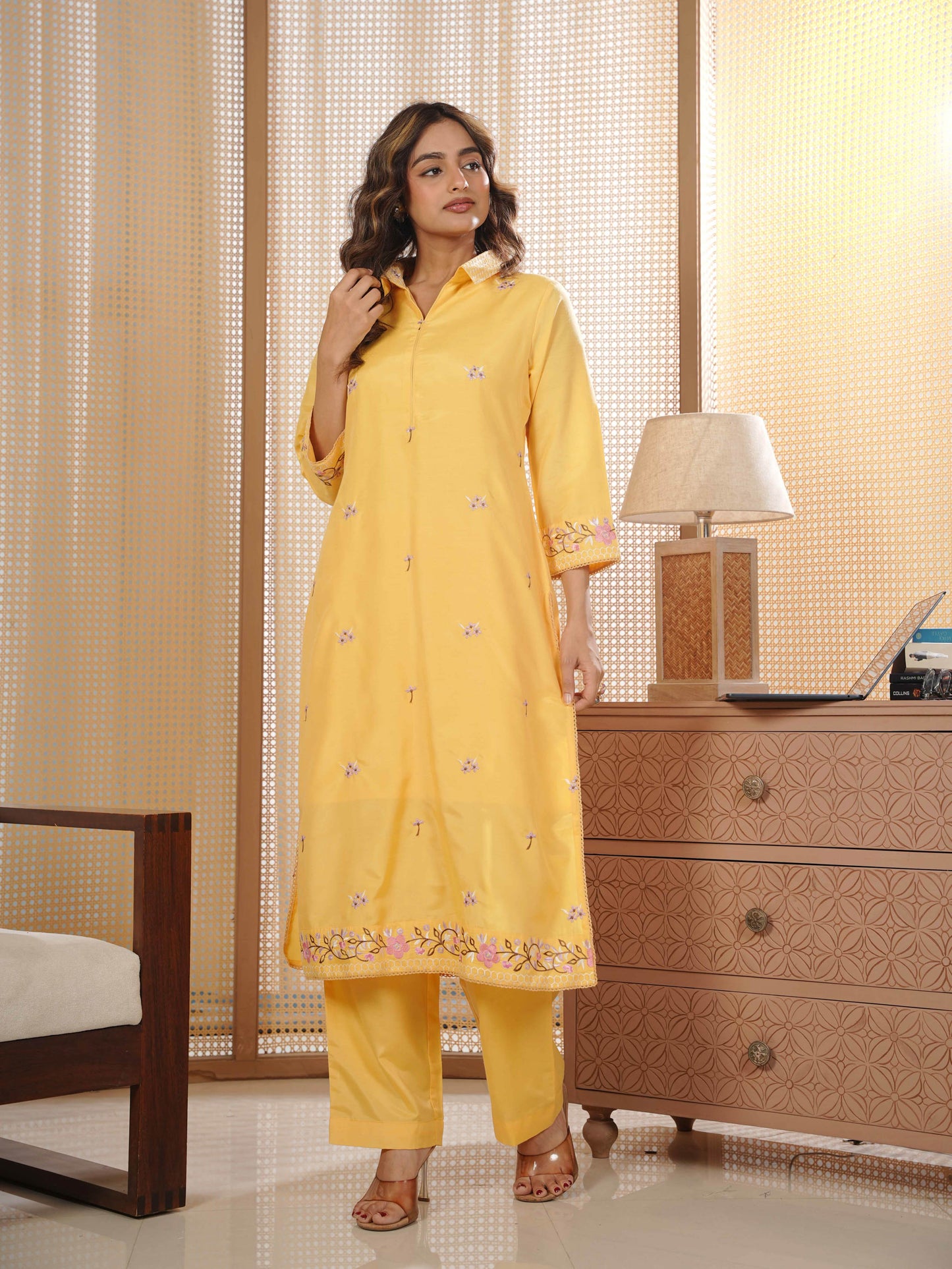 Embroidered Shantoon Solid Straight Yellow Kurta