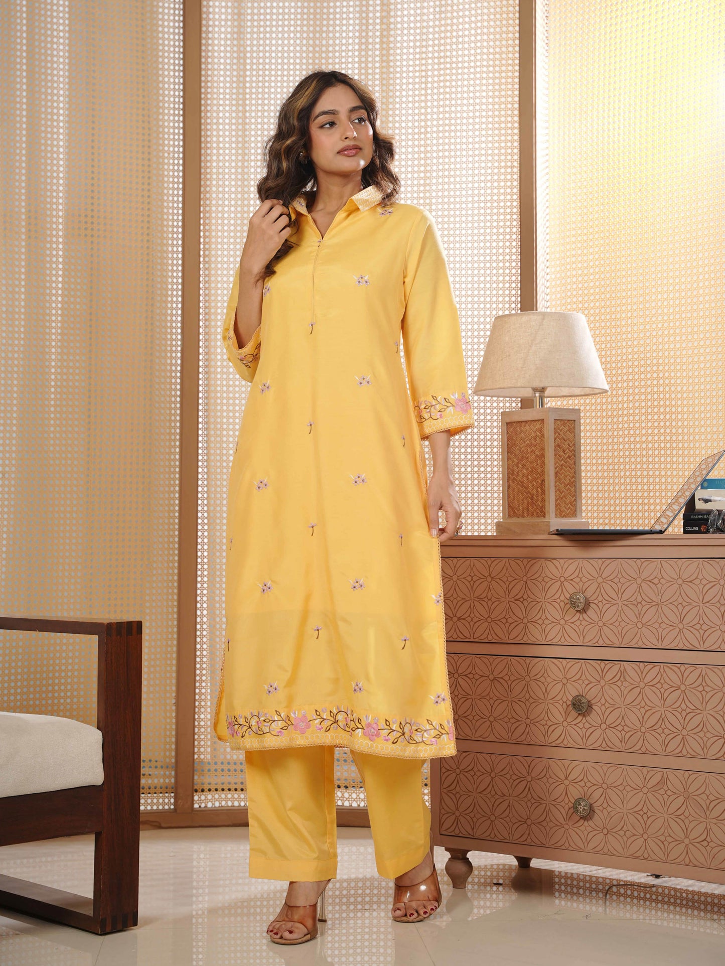 Embroidered Blended Silk Solid Straight Yellow Kurta