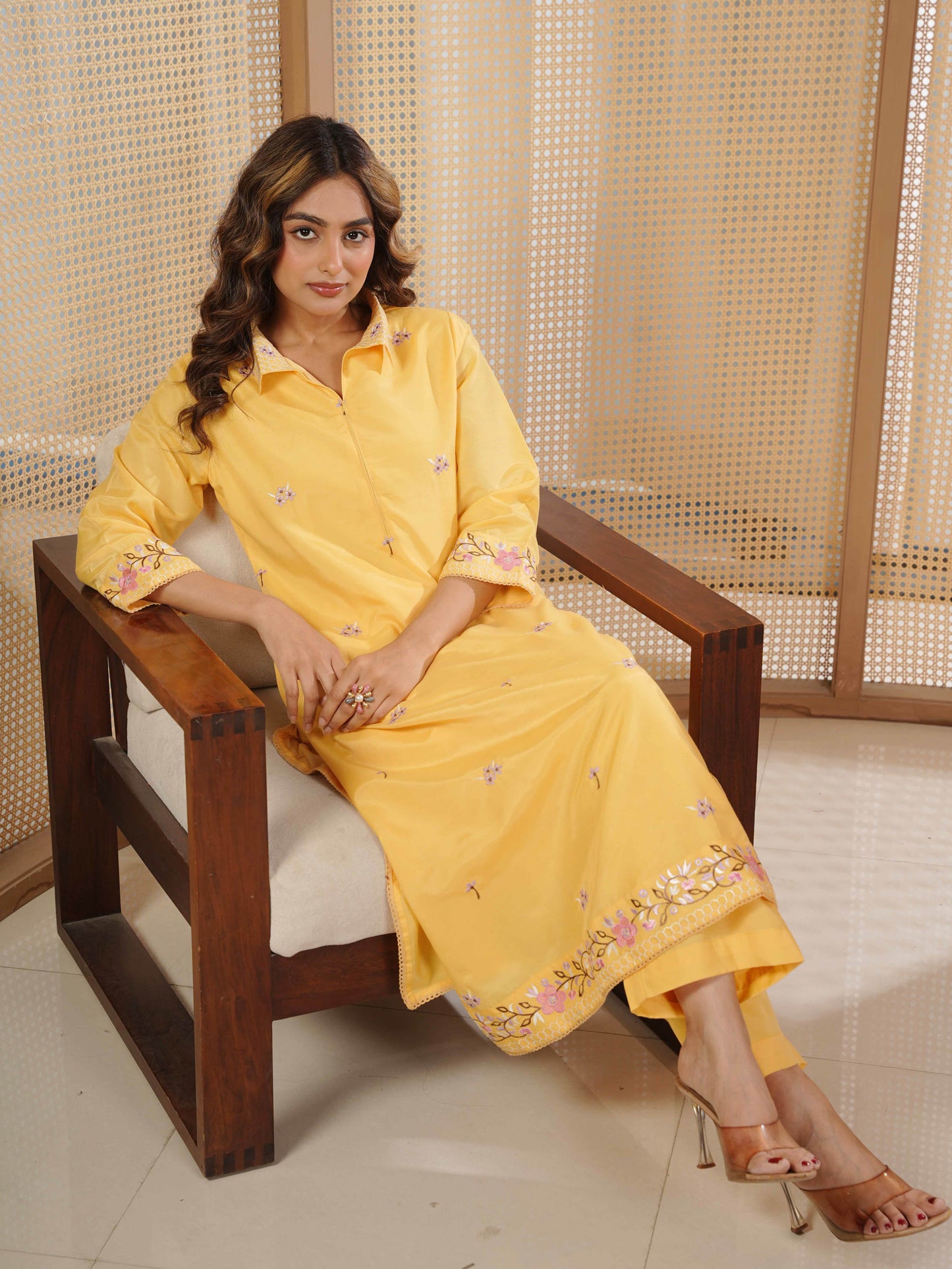 Embroidered Shantoon Solid Straight Yellow Kurta