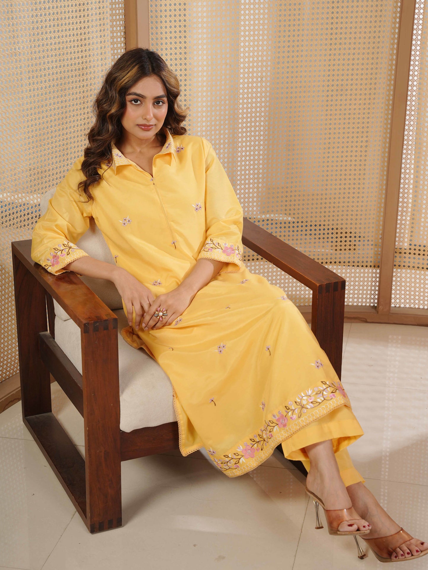 Embroidered Blended Silk Solid Straight Yellow Kurta
