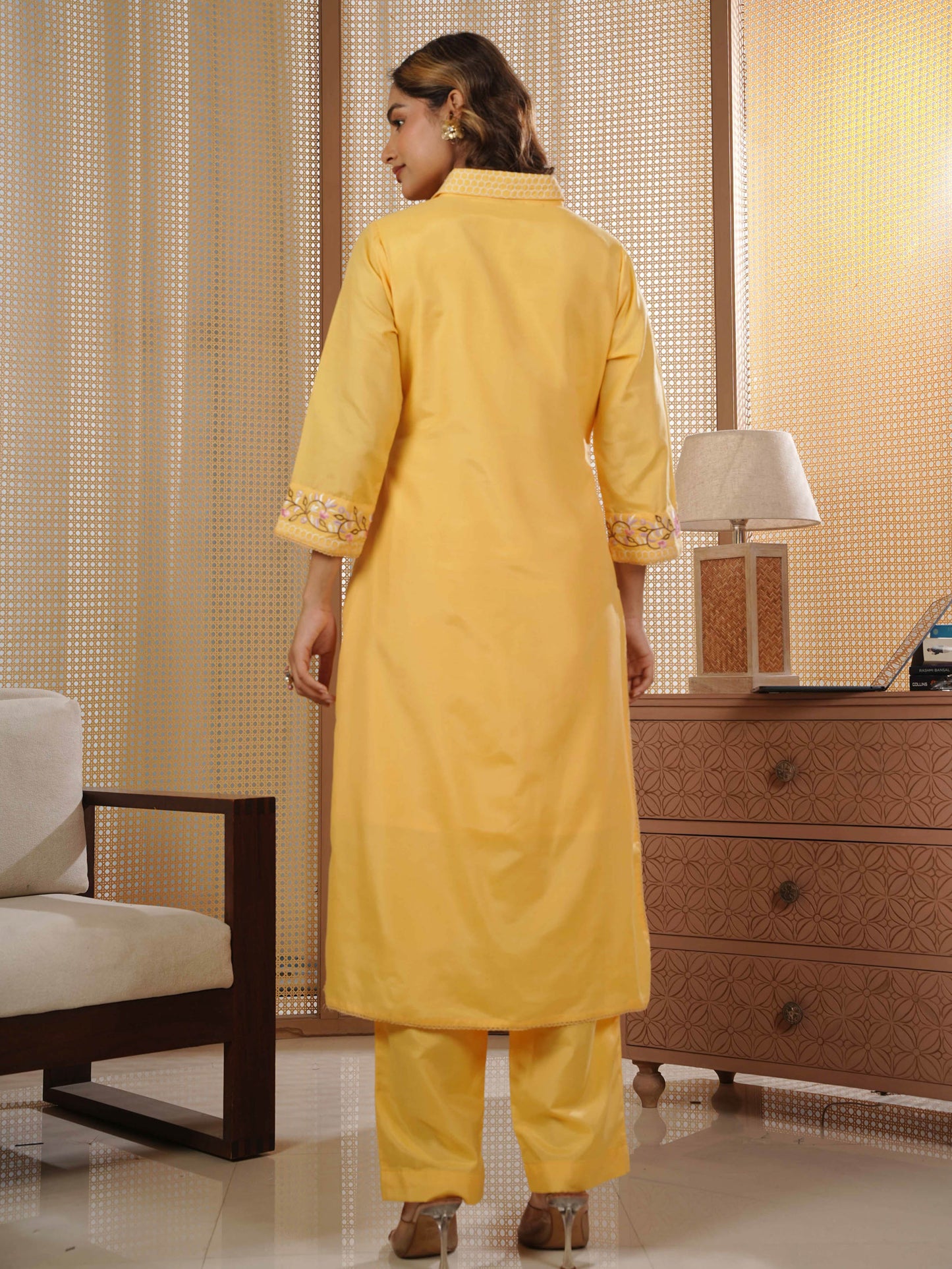 Embroidered Blended Silk Solid Straight Yellow Kurta