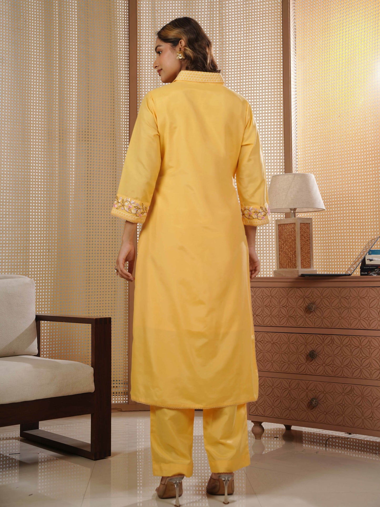 Embroidered Shantoon Solid Straight Yellow Kurta