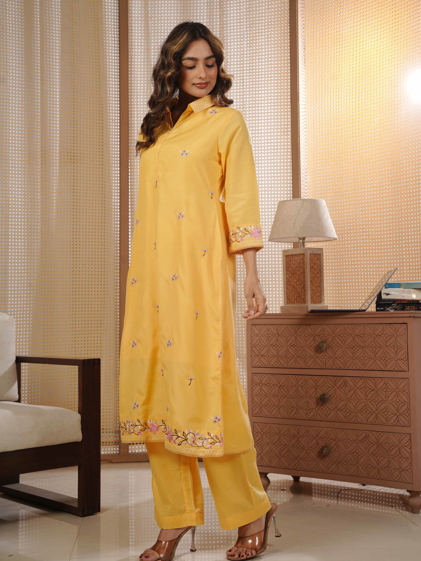 Embroidered Shantoon Solid Straight Yellow Kurta