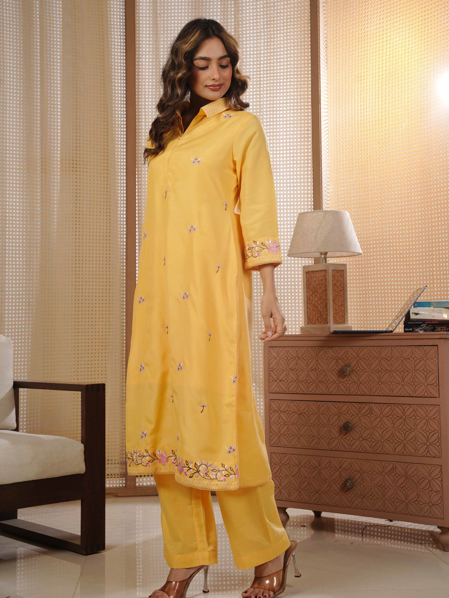 Embroidered Blended Silk Solid Straight Yellow Kurta