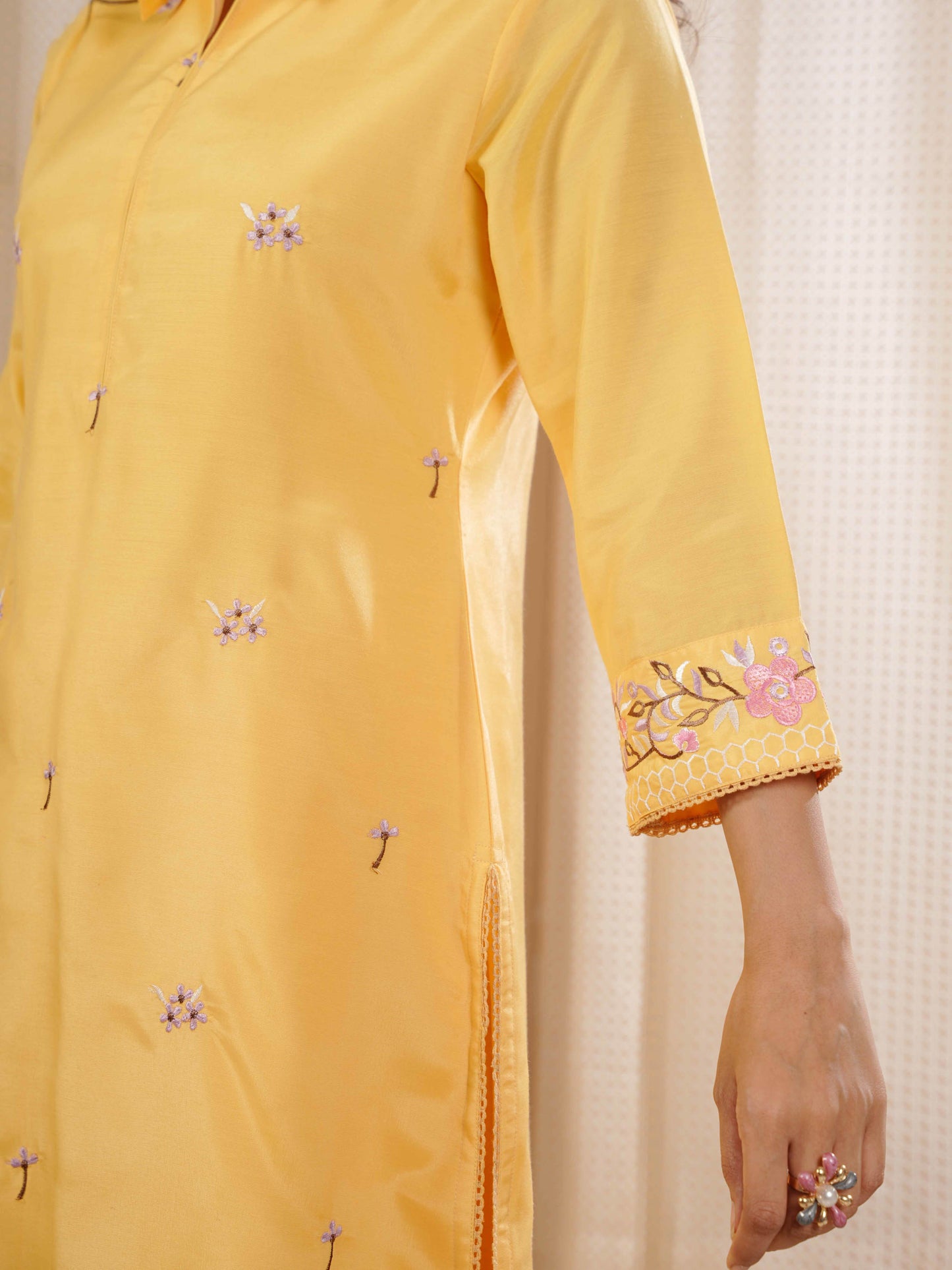 Embroidered Shantoon Solid Straight Yellow Kurta