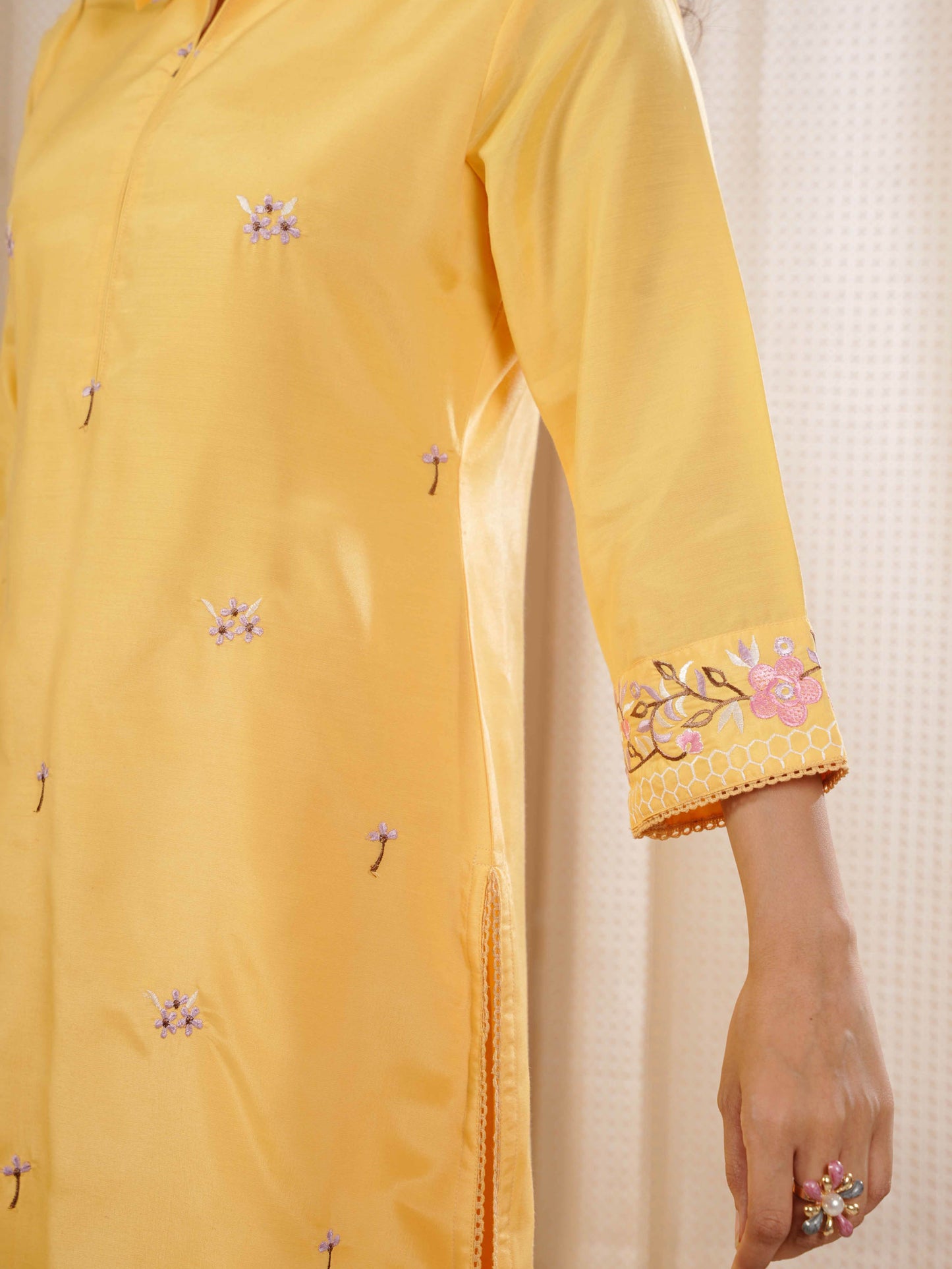 Embroidered Blended Silk Solid Straight Yellow Kurta