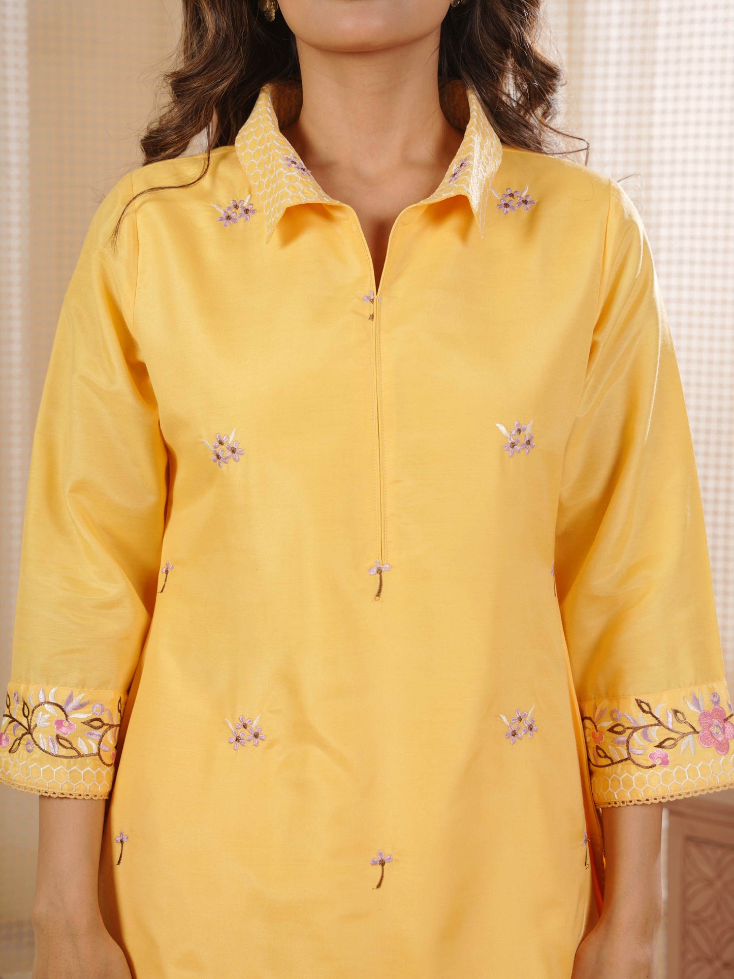 Embroidered Shantoon Solid Straight Yellow Kurta