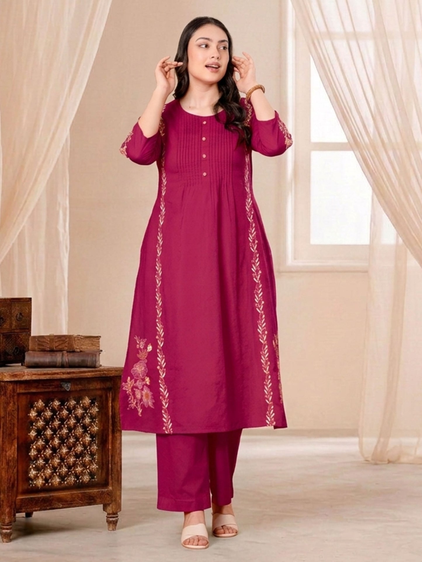 Embroidered Soft Cotton Solid Straight Pink Kurta