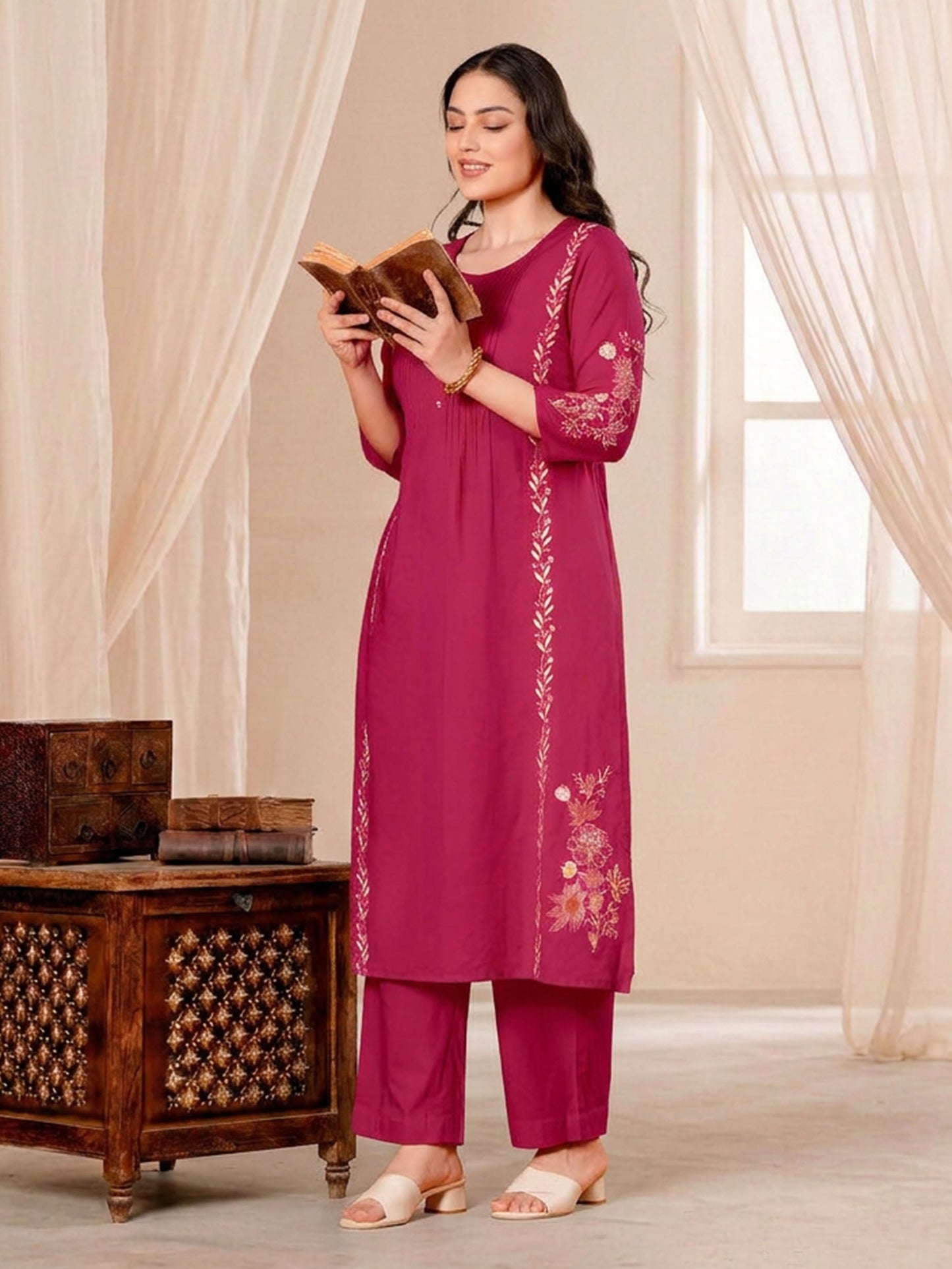 Embroidered Soft Cotton Solid Straight Pink Kurta