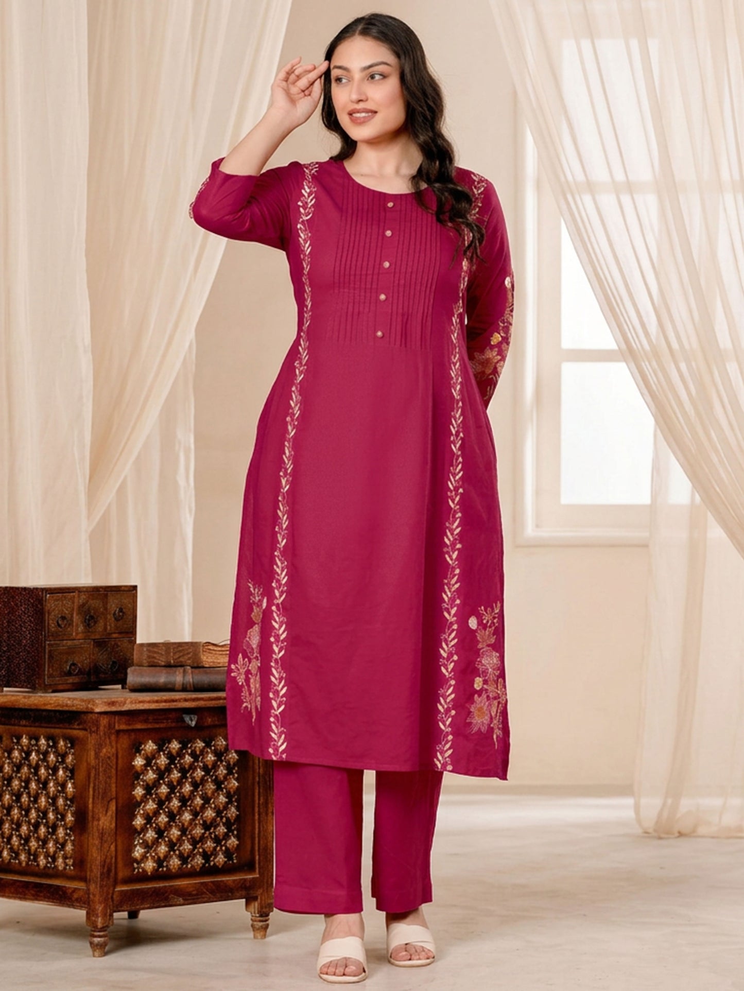 Embroidered Soft Cotton Solid Straight Pink Kurta