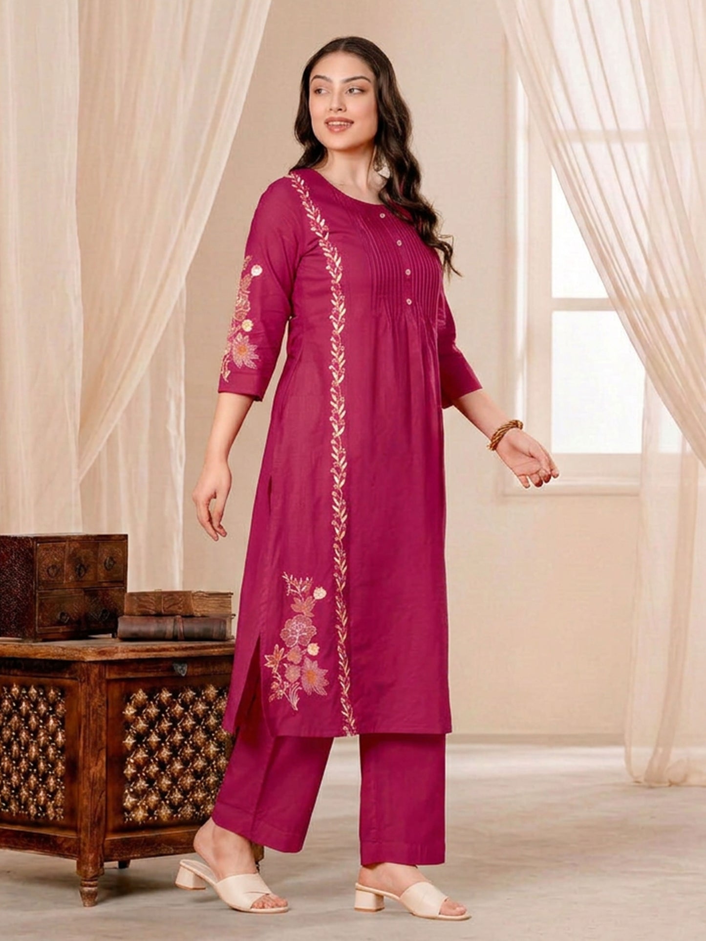 Embroidered Soft Cotton Solid Straight Pink Kurta