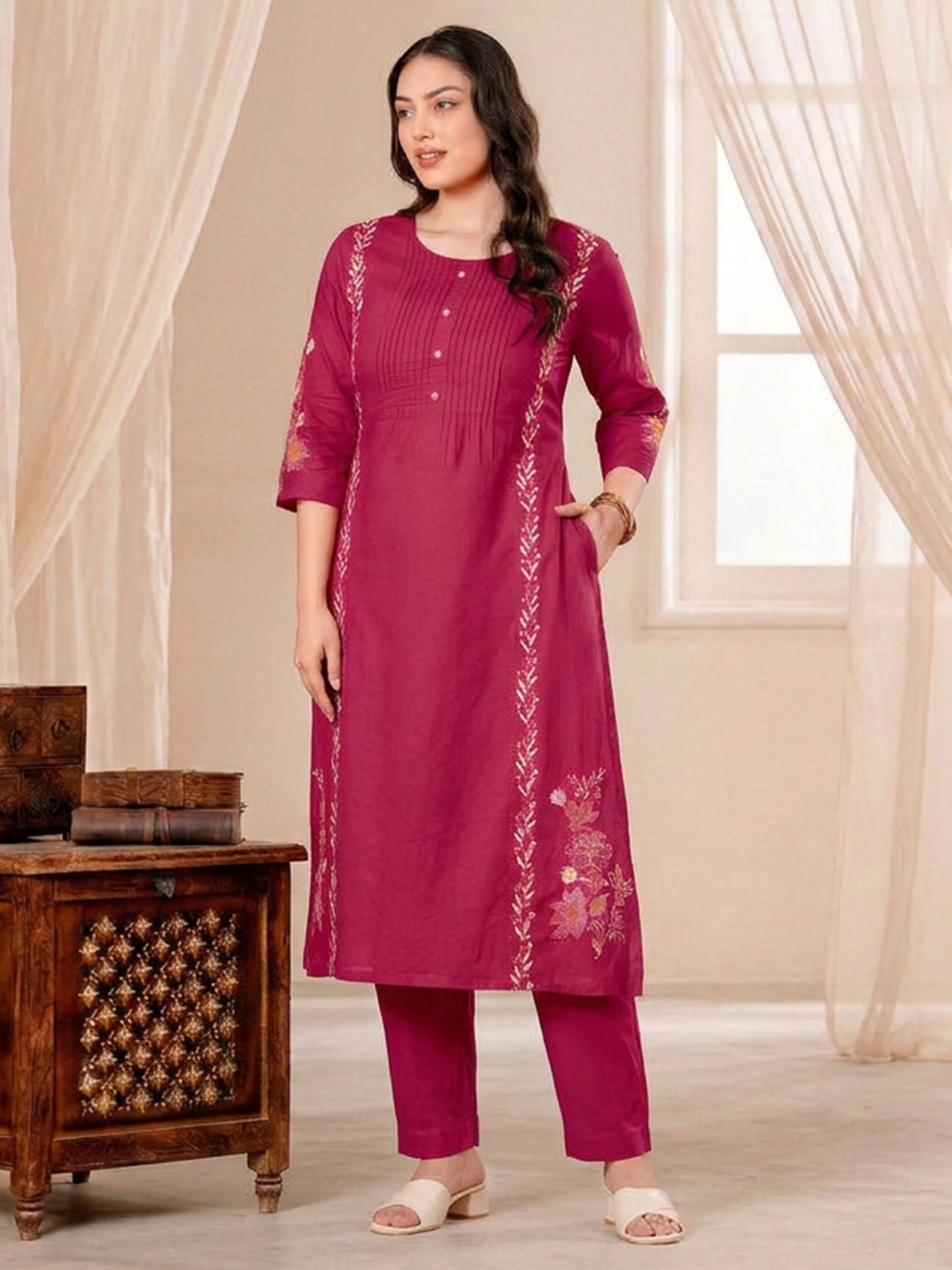 Embroidered Soft Cotton Solid Straight Pink Kurta