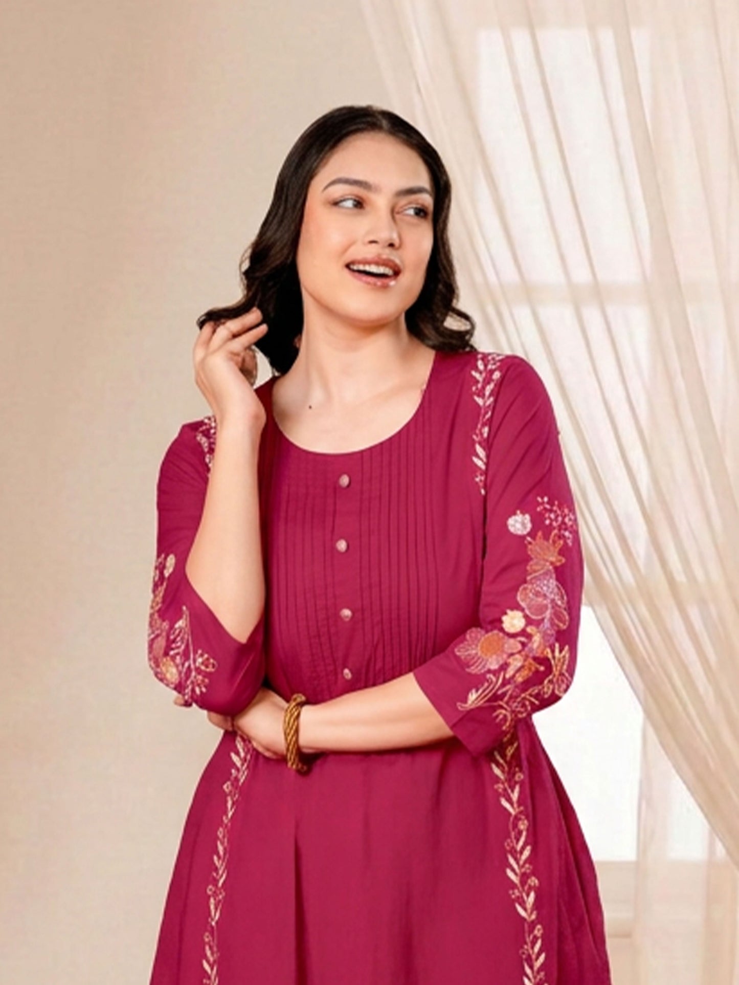 Embroidered Soft Cotton Solid Straight Pink Kurta