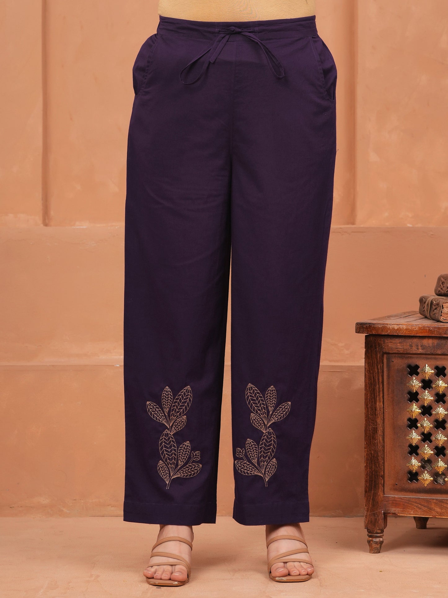 Embroidered Soft Cotton Solid Violet Straight Trousers