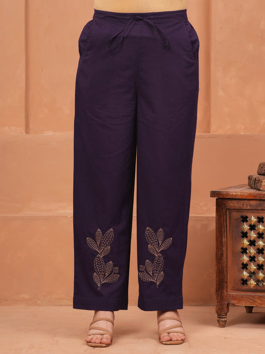 Embroidered Soft Cotton Solid Violet Straight Trousers