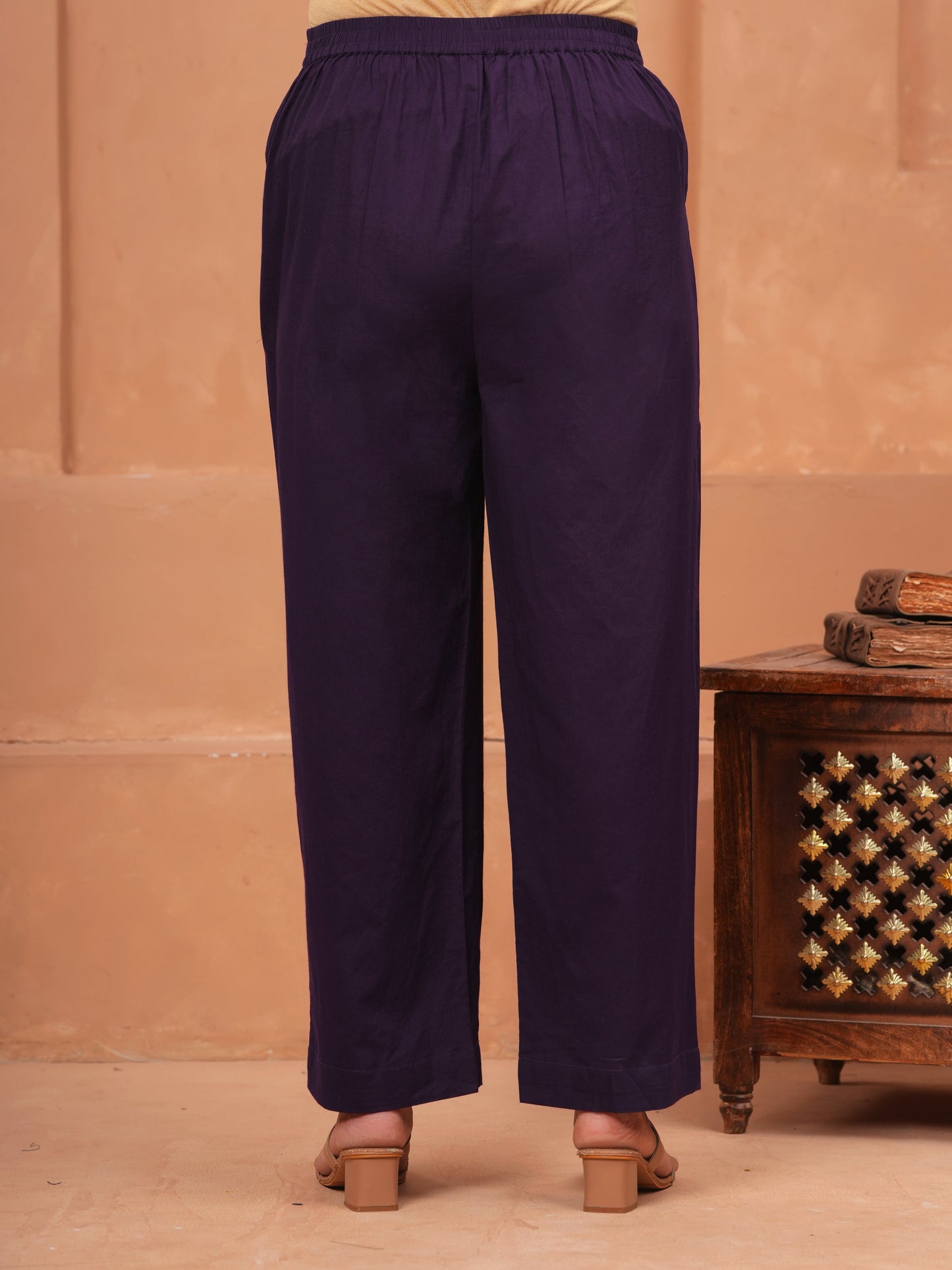 Embroidered Soft Cotton Solid Violet Straight Trousers