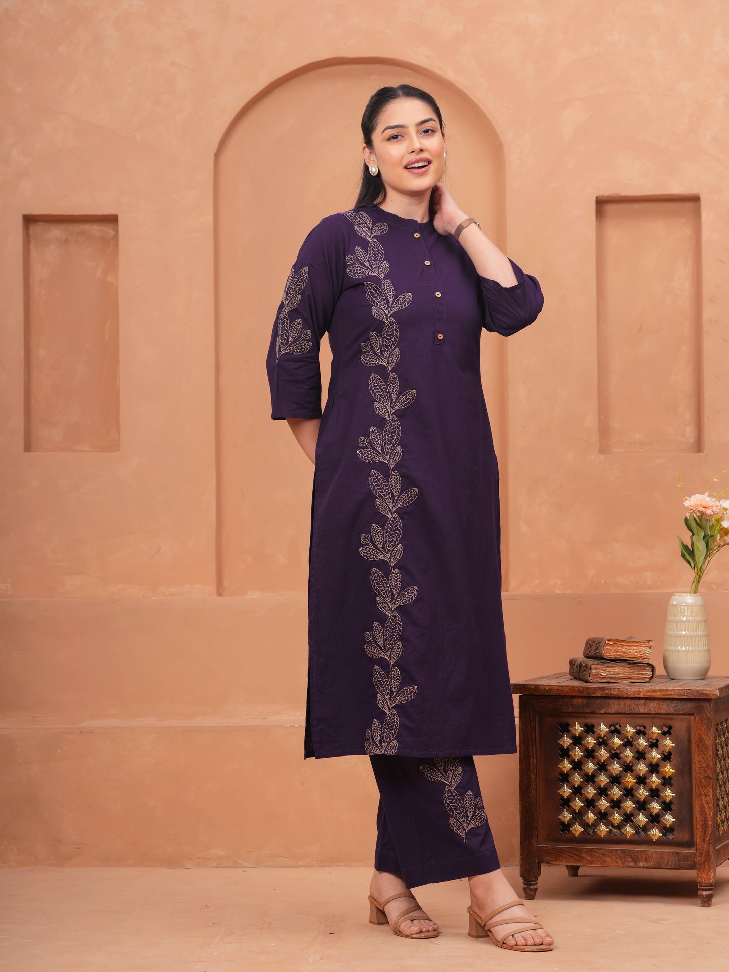 Embroidered Soft Cotton Solid Straight Violet Kurta