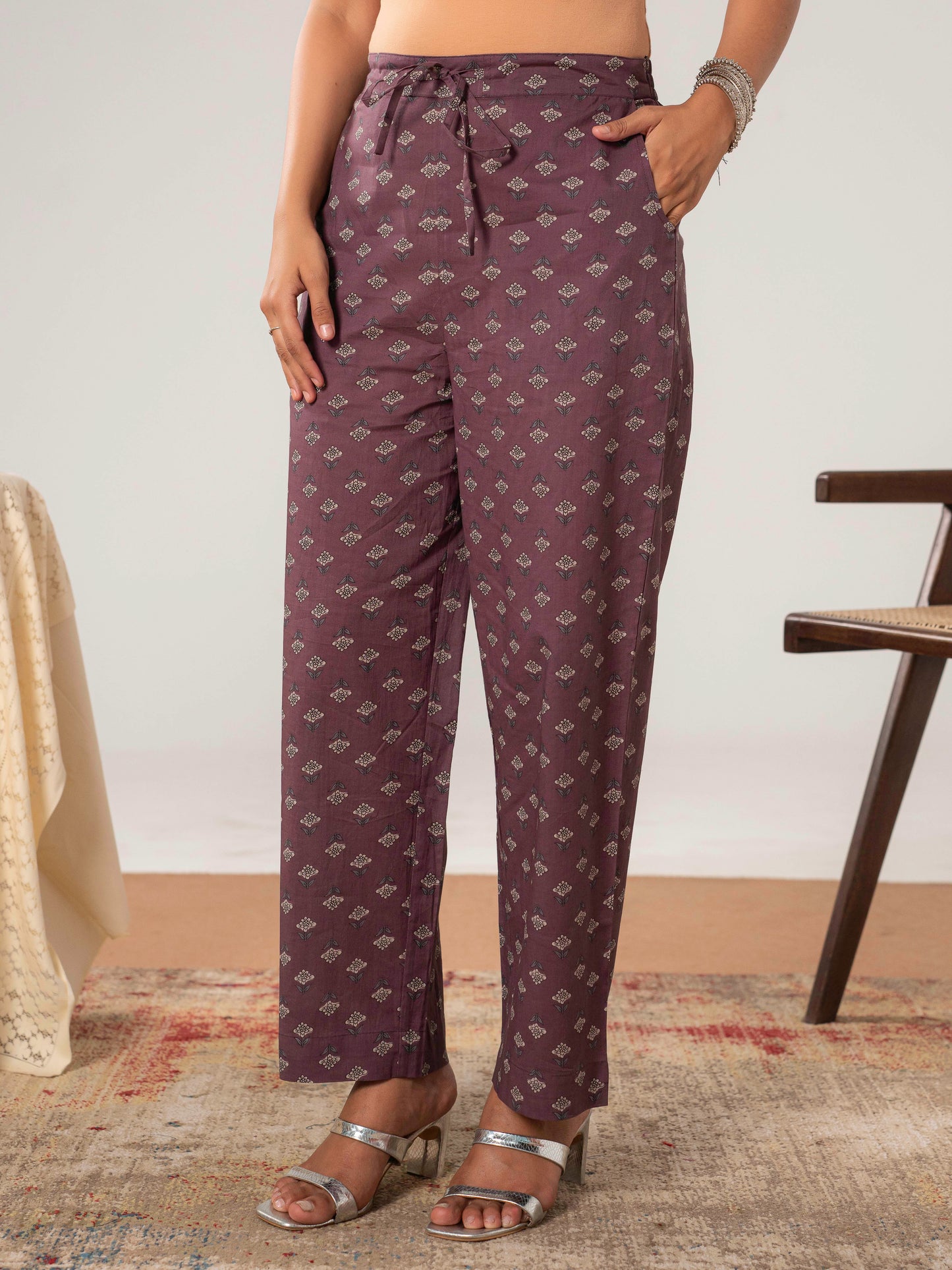 Soft Cotton Butti Mauve Regular Trousers