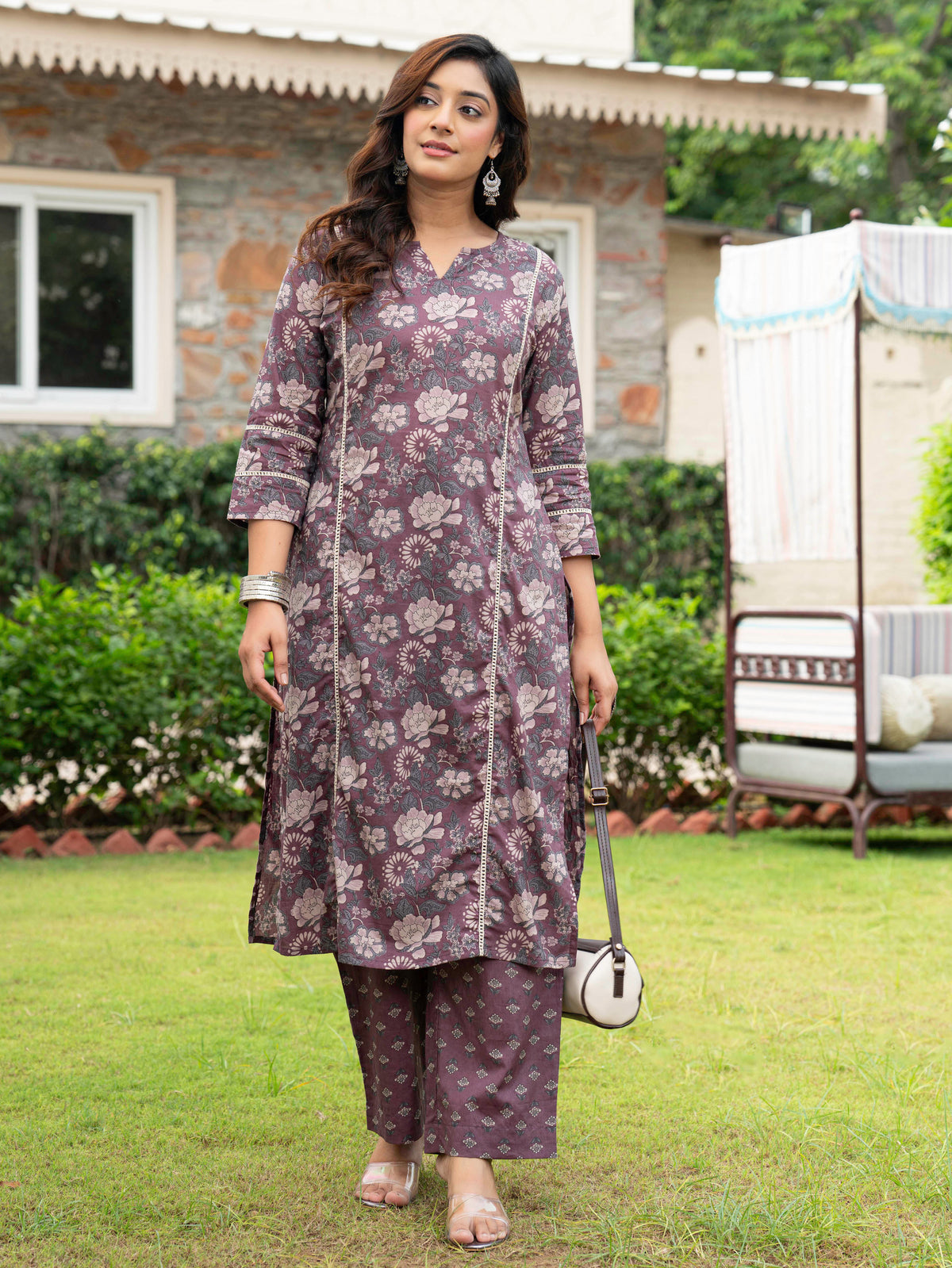 Soft Cotton Floral Straight Mauve Kurta
