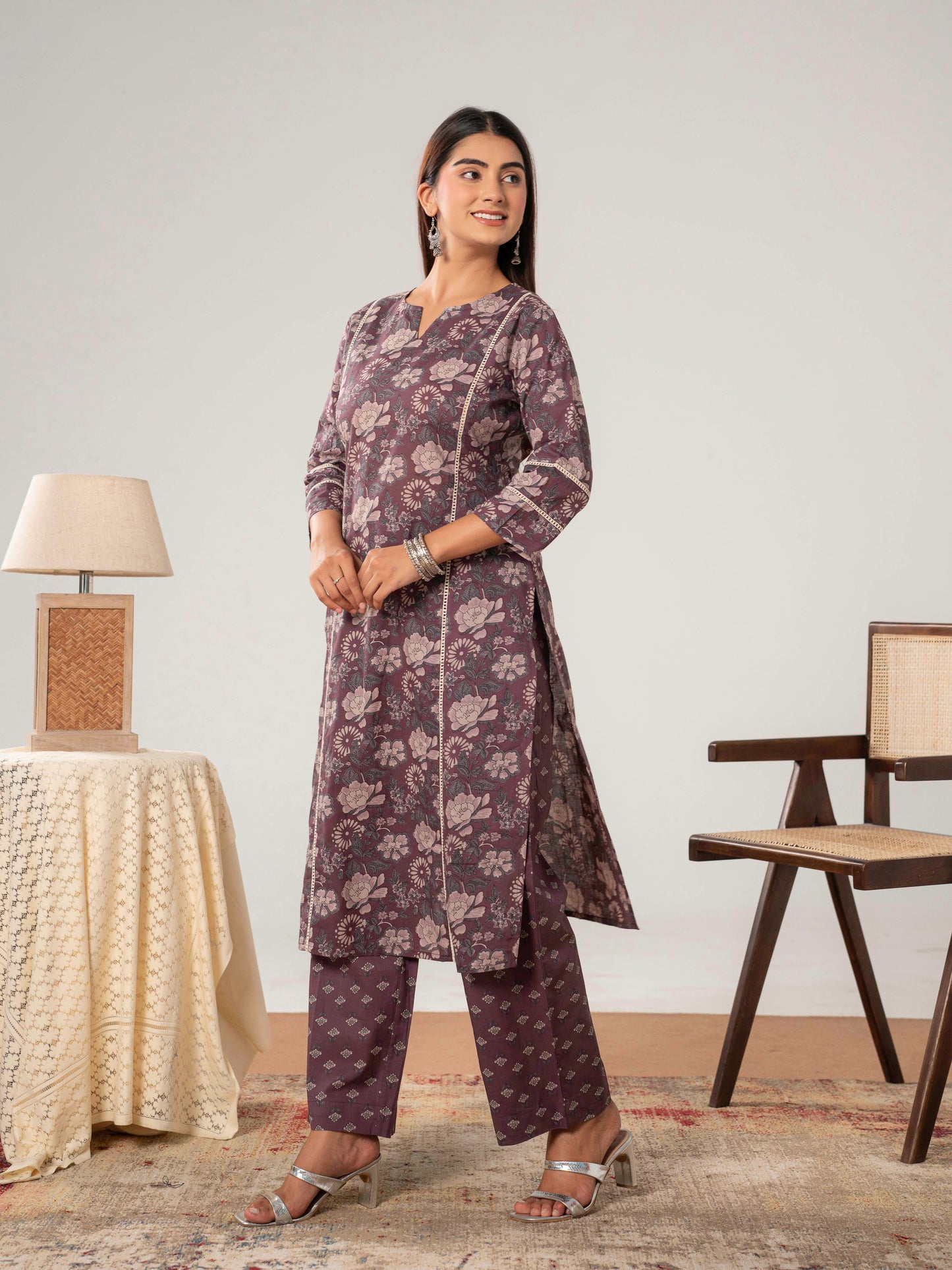 Soft Cotton Floral Straight Mauve Kurta