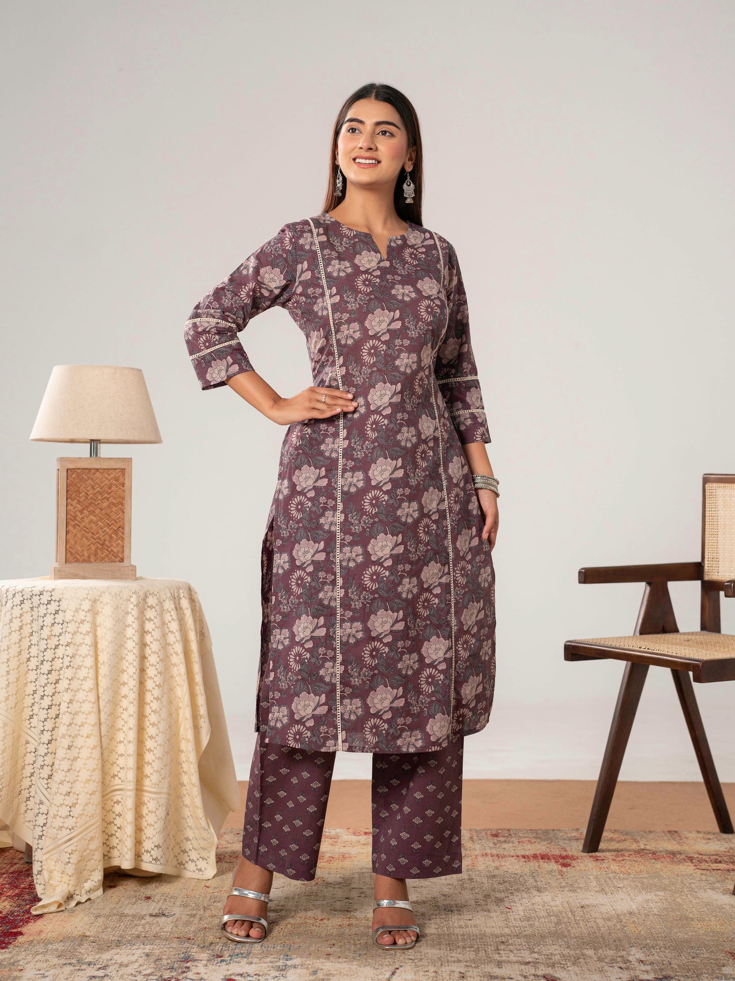 Soft Cotton Floral Straight Mauve Kurta